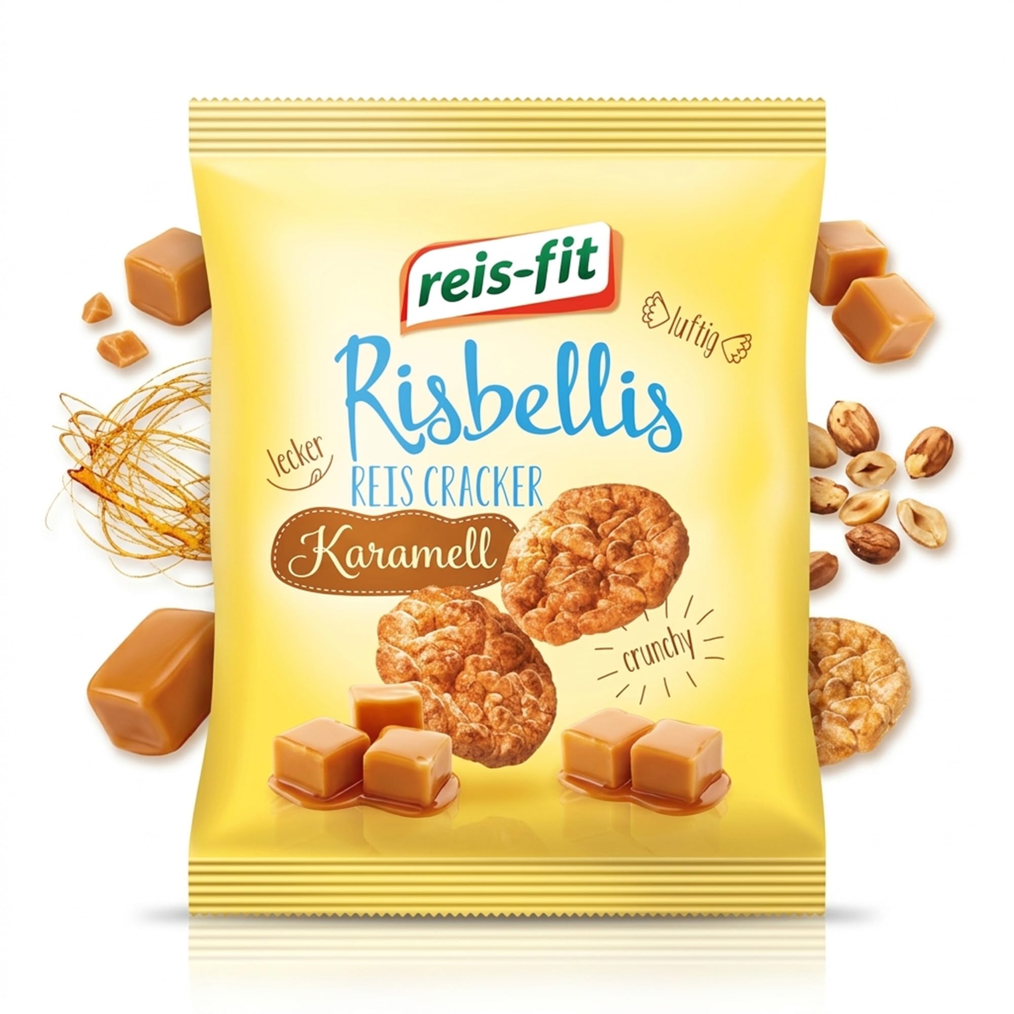 EKERA – reis-fit Risbellis Karamel – 16 Packungen knusprige Reiscracker | Süß & herzhaft | leichte Reiswaffeln als Snack für unterwegs, Büro & zu Hause | Reis Cracker fettarm