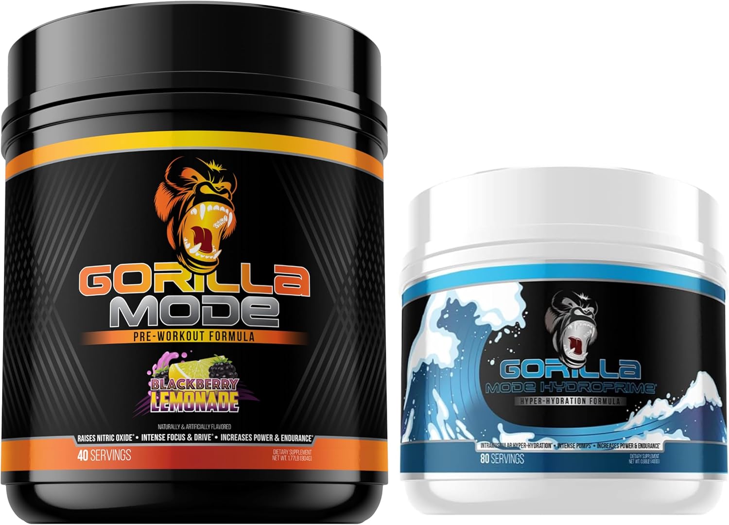 Gorilla Mode Pre Workout (BlackBerry Lemonade) + HydroPrime Glycerol Pre Workout - Comprehensive Stack for Hyper-Hydration, Pump, Power, Endurance, and Thermoregulation