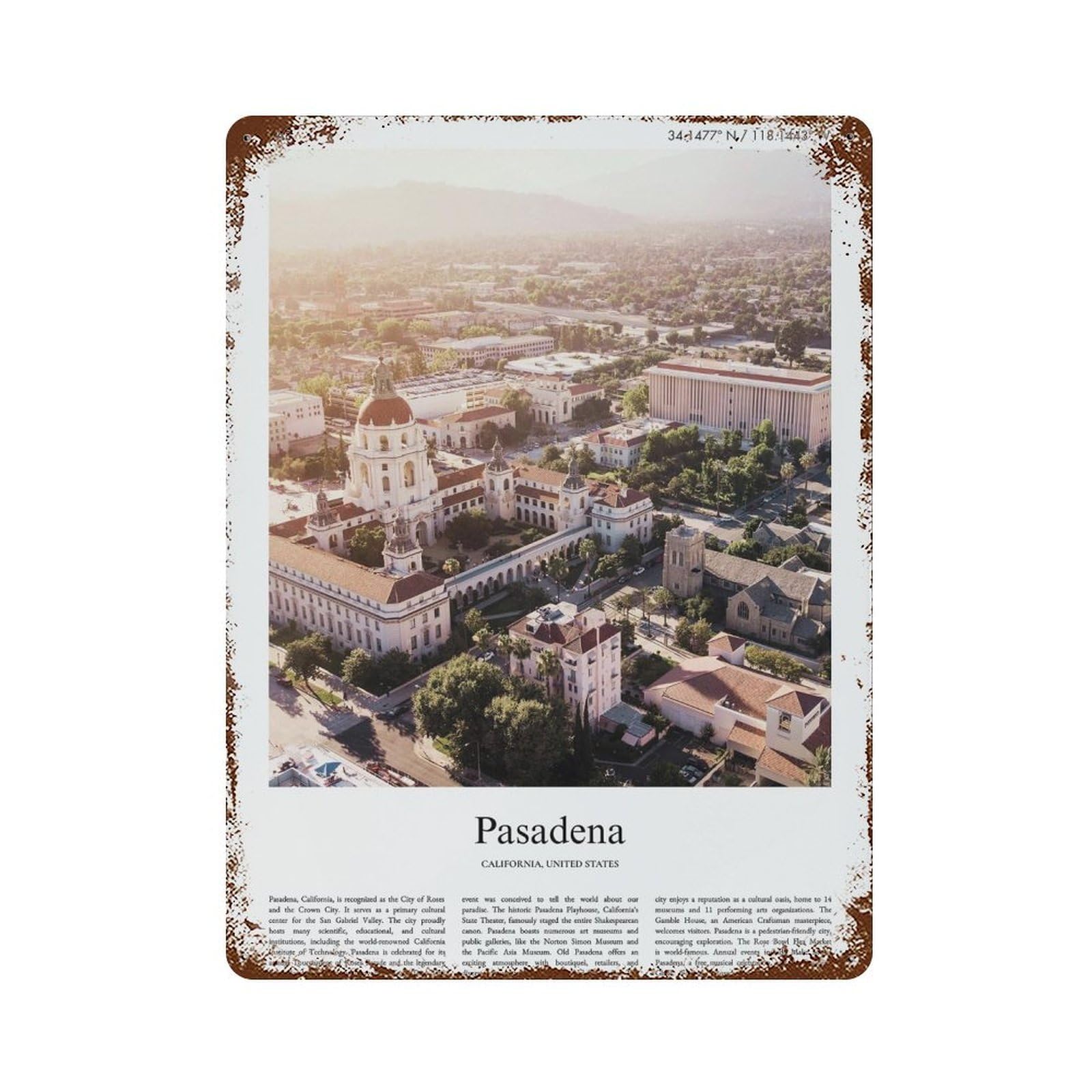 xiaoxiaoshen Pasadena California, United States, USA City Scenery Wall Decor Art Metal Tin Poster Modern Home Decor Art Home Bar Shop Decorations Vintage Sign 40x30cm