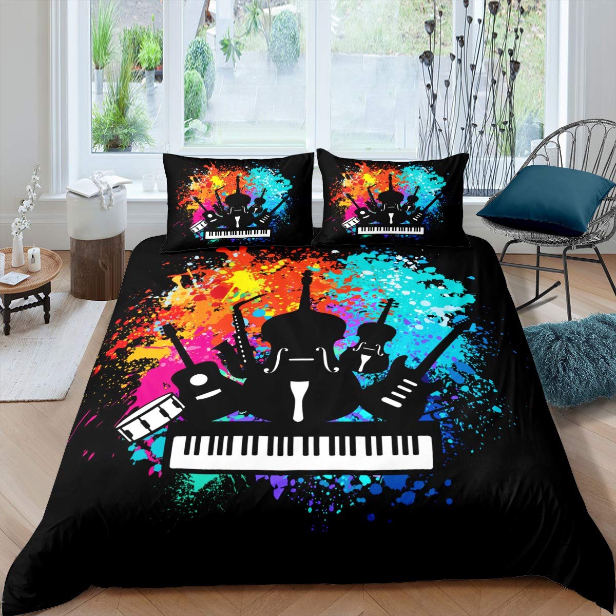 Set di biancheria da letto a tema musica rock e biancheria da letto per bambini ragazzi ragazze ragazzi colorati tie dye copripiumino pianoforte violoncello sassofono hip hop traspirante copriletto
