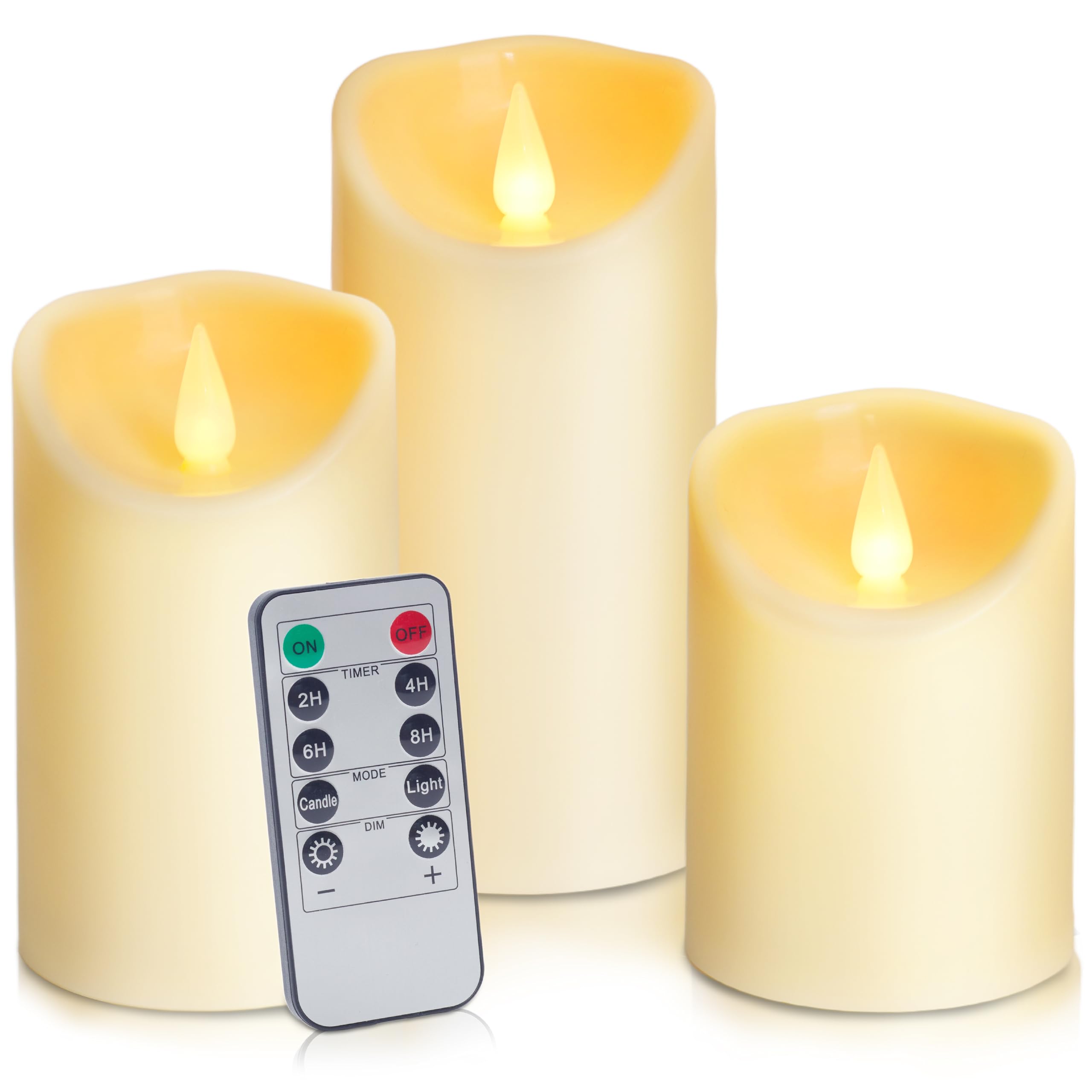 Auralome LED Electric Timer Candles - Battery Operated Plastic Pillar Candle with Remote Control Realistic Flickering Flame Candle Fake Lights Artificial Large Church Real Cande Outdoor Set of 3