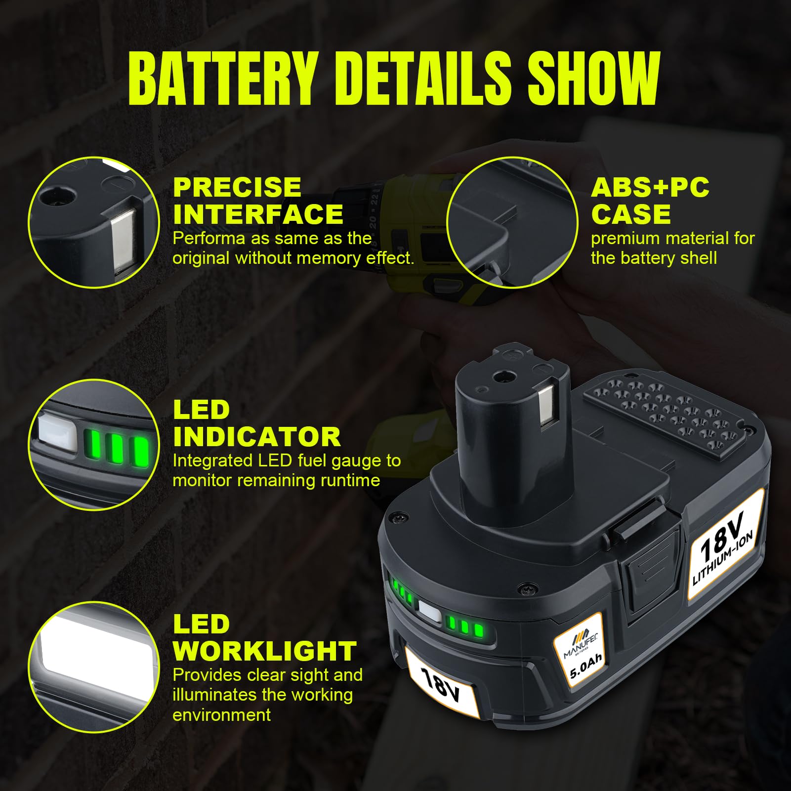 MANUFER P108 5.0AH Ricambio per Ryobi 18V batteria agli ioni di litio P108 P107 RB18L50 RB18L40 RB18L25 RB18L15 confezione da 2