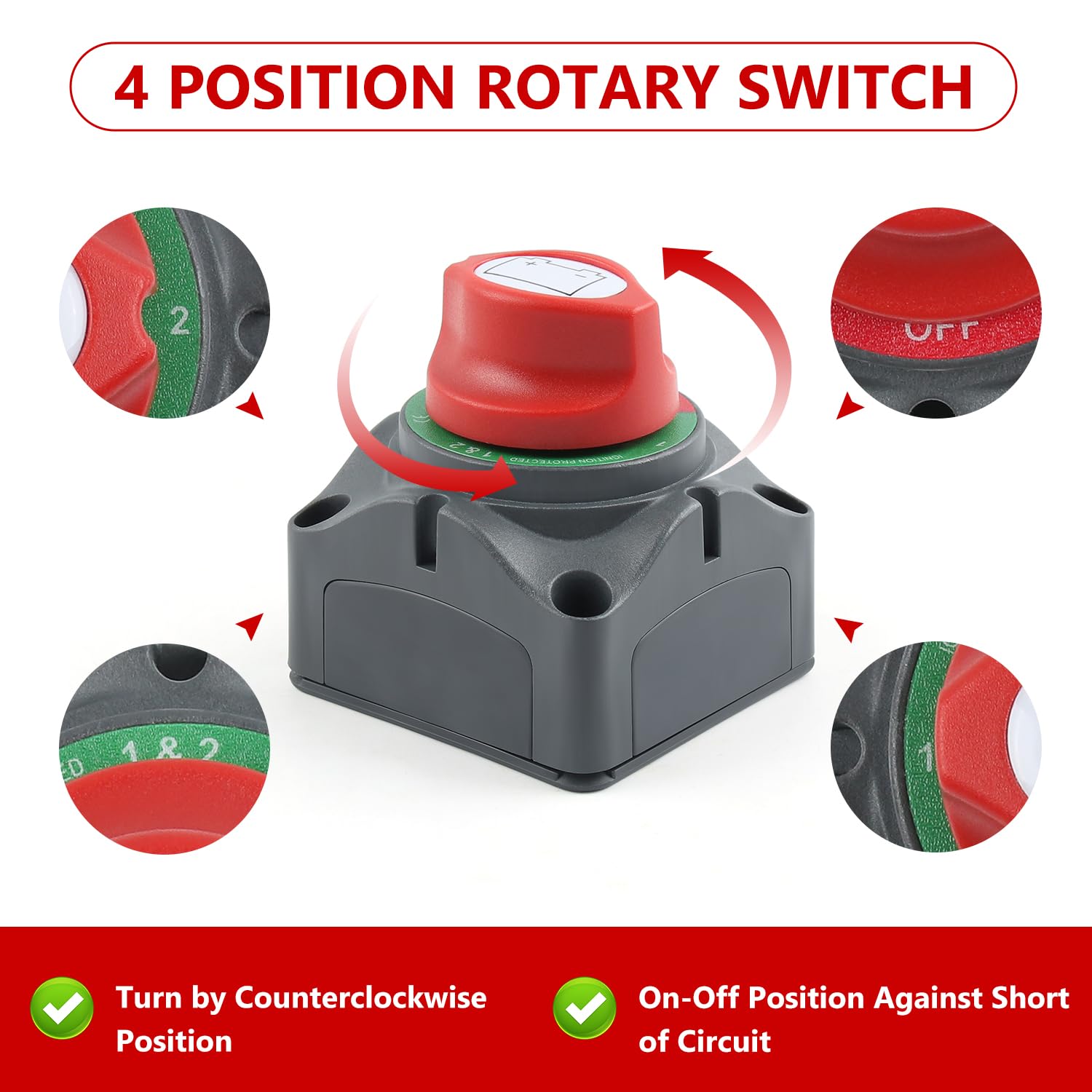 1-2-Both-Off Battery Disconnect Switch 12V-48V Marine Battery Cut Off Switch 200A Waterproof Boat Battery Shut Off Kill Switch for Car Vehicle RV Boat Marine ATV UTV
