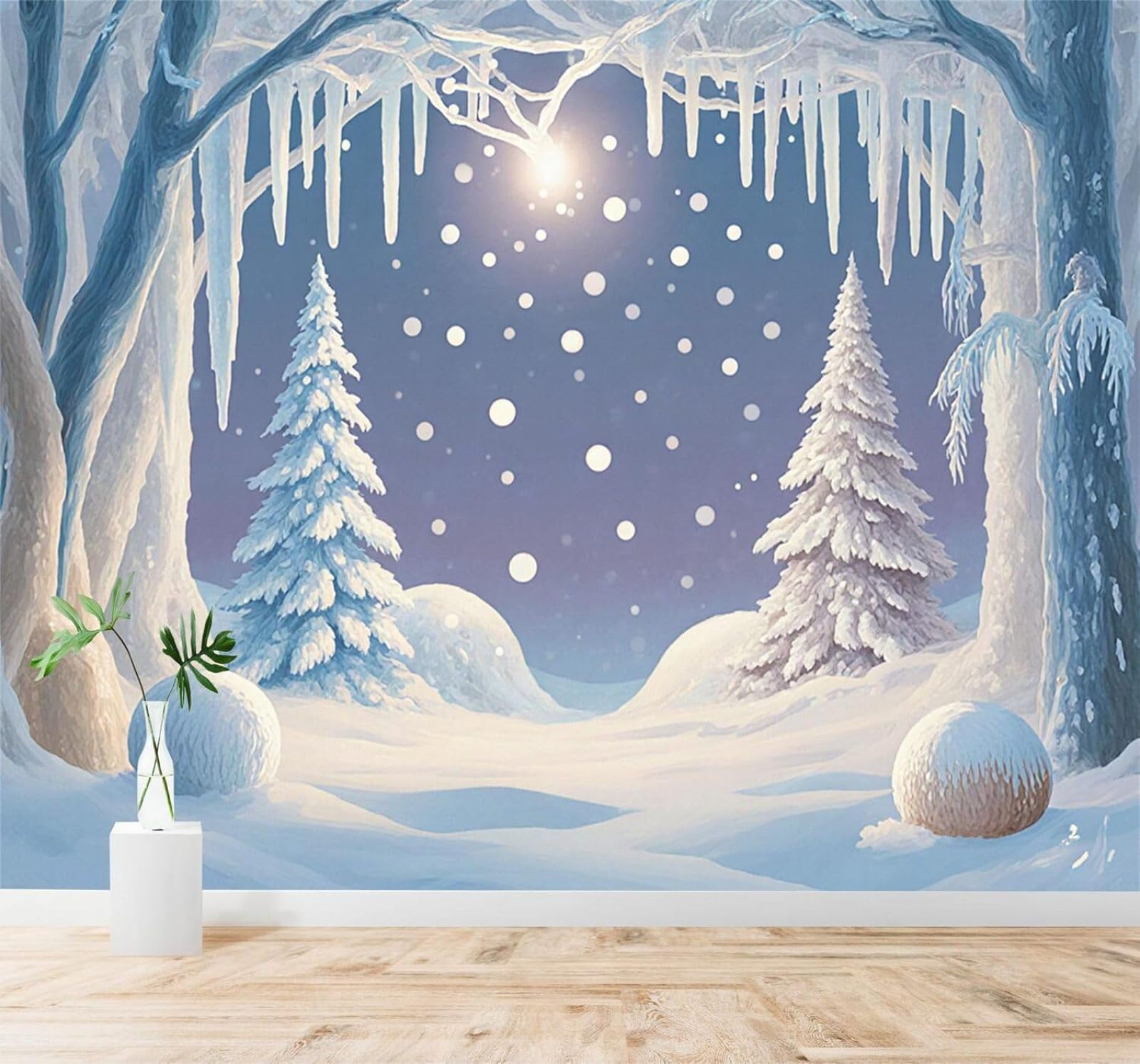 XLMING Winter Forest Snowflakes Frozen Trees Icicles 3D Wallpaper Premium Textured Silk Study Dining Living Room Bedroom Sofa TV Wall Easy Install-400cm×280cm