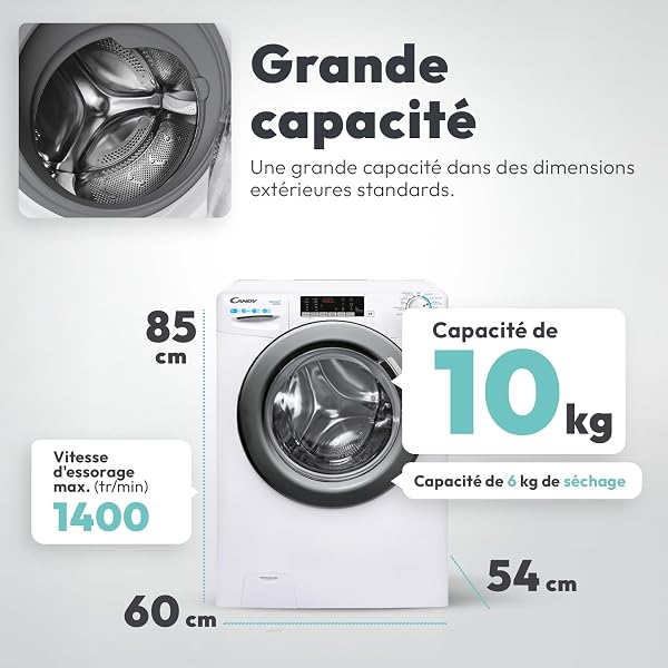 CANDY - Lave-Linge Séchant - Machine à Laver Séchante 10+ 6kg/1400 trs/min - Classe Énergétique A - 15 Programmes - Ecran Digital, Fonction Vapeur - Blanc - 85 x 60 x 54 cm - Modèle CSWS4106TWMRE/FR - 3