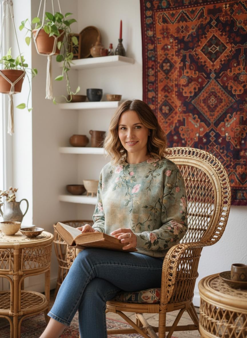 Women's Floral Print Long Sleeve Crewneck Sweatshirt Loose Fit Comfortable Casual Pullover Tops for Women - Image 3