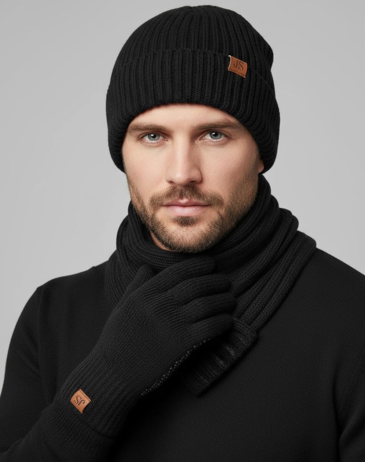 Winter Hats Scarf Set for Men Touchscreen Gloves Warm Knit Beanie Hat Scarves with Fleece Lined Cap - Image 2