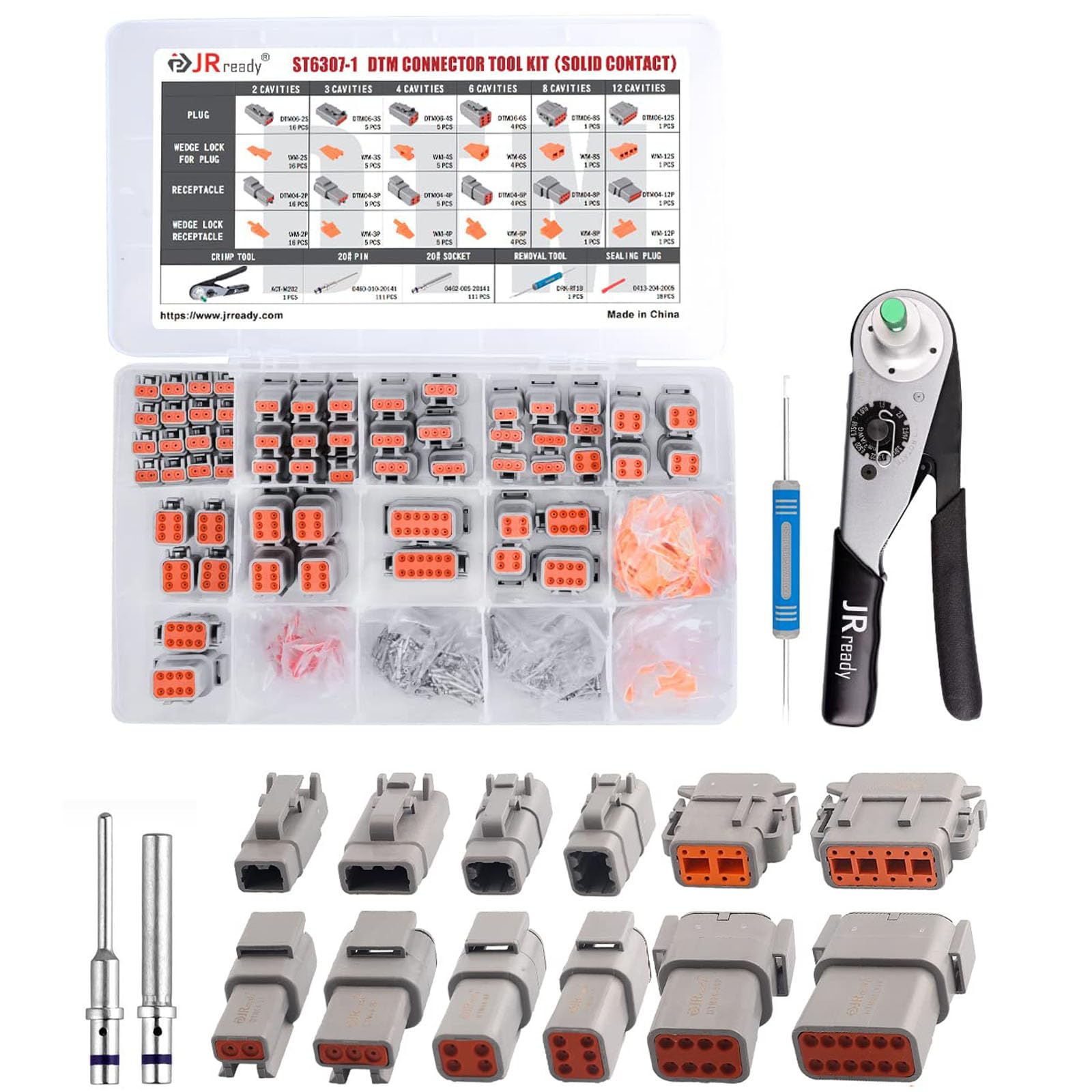 JRready ST6307 Deutsch Connector Crimping Tool Kit DTM Connector 2 3 4 6 8 and 12 Pin Automotive Electrical Connectors with Crimper JRD-DT1, Size 20 Solid Contacts Crimp Wire Gauge 16-18AWG,7.5A