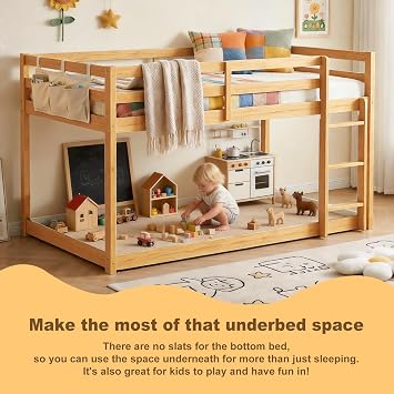 Bunk Bed Twin Over Twin, Floor Bunk Bed with Ladder, Twin Bunk Bed with Full Guardrails & Reinforced Slats, Sturdy Wooden Bunk Bed for JKids, Teens, Juniors, Bedroom & Dorm (Natural)