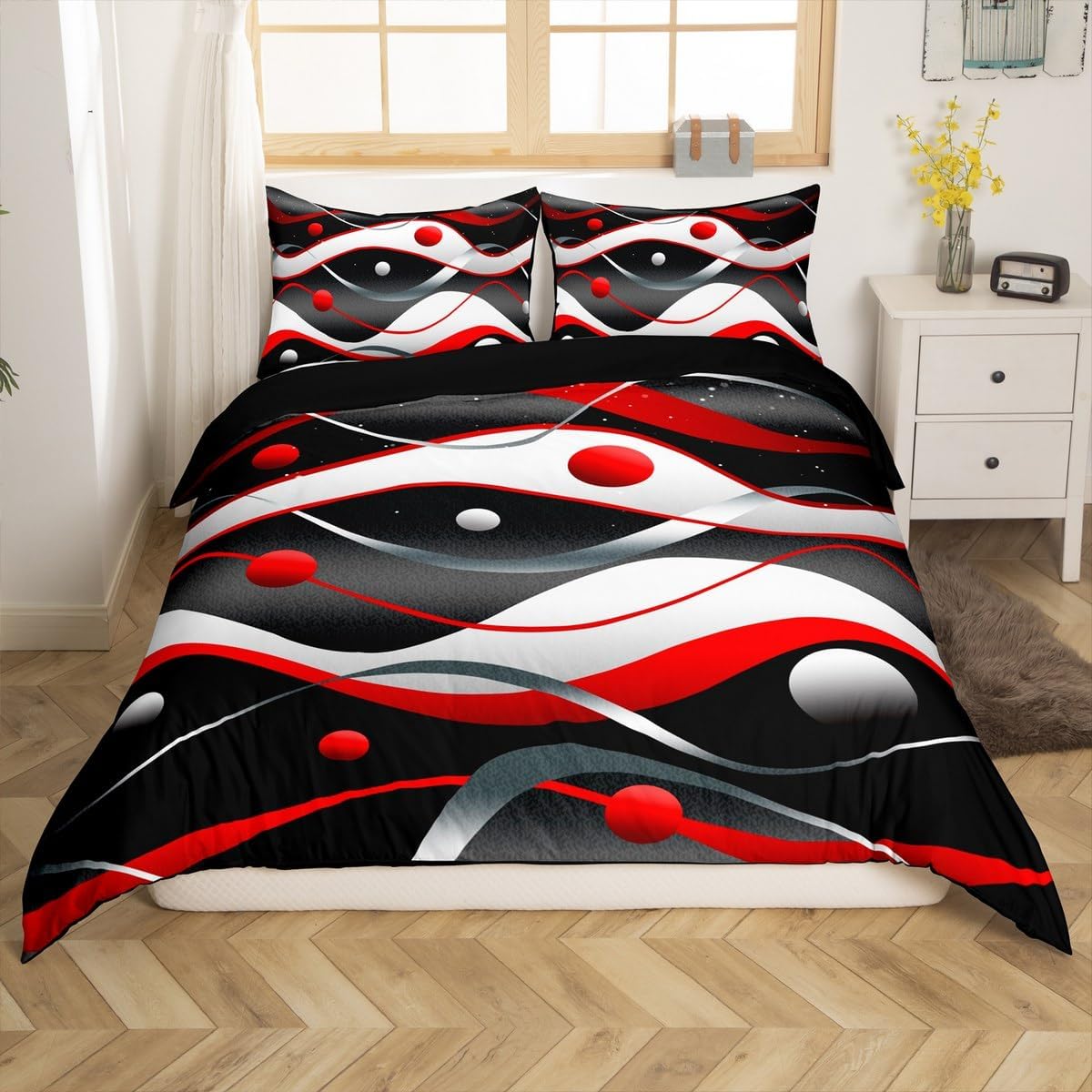 jejeloiu Boys Girls Red Black Gray Bedding Set Toddler Size, Duvet Cover Kids Geometric Round Ball Comforter Cover Teens Bedroom Decor Quilt Cover 2Pcs (No Comforter)