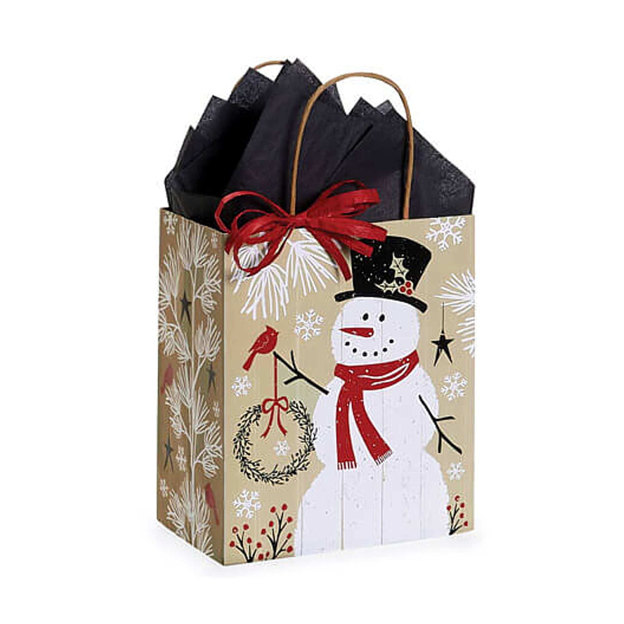 Rustic Berry Snowman Paper Shopping Bags - Cub Size - 8 x 4.75 x 10.25in. - Pack of 50