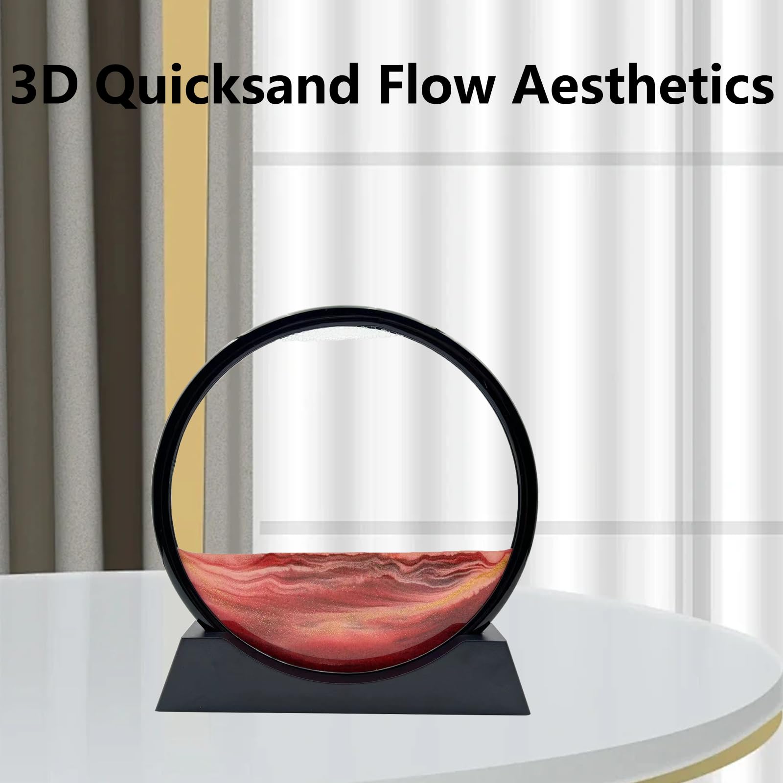 AzureLeap Peinture de Sable Mobile Cadre Sablier Art de Sable en Mouvement Sable Dynamique dans un Verre Rond Paysage 3D pour Bureau et Décoration Maison (Rouge, 12 Pouces)