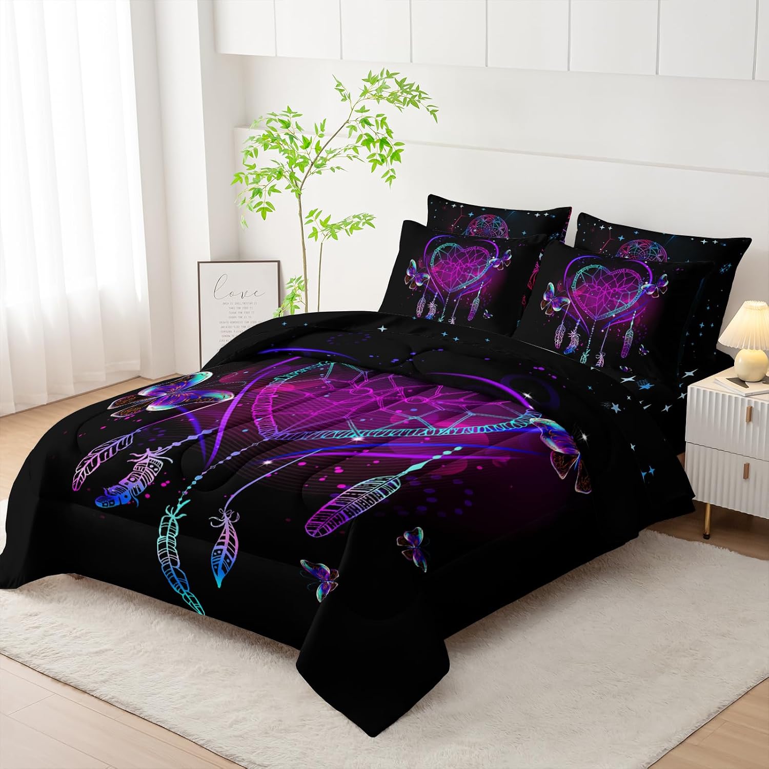 AILONEN Neon Love Comforter Set Queen Size,7-Piece Soft Bed in a Bag,Black Purple Dreamcatcher Comforter & Fitted Sheet & Flat Sheet & 2 Pillowcases,2 Pillow Shams for Bedroom