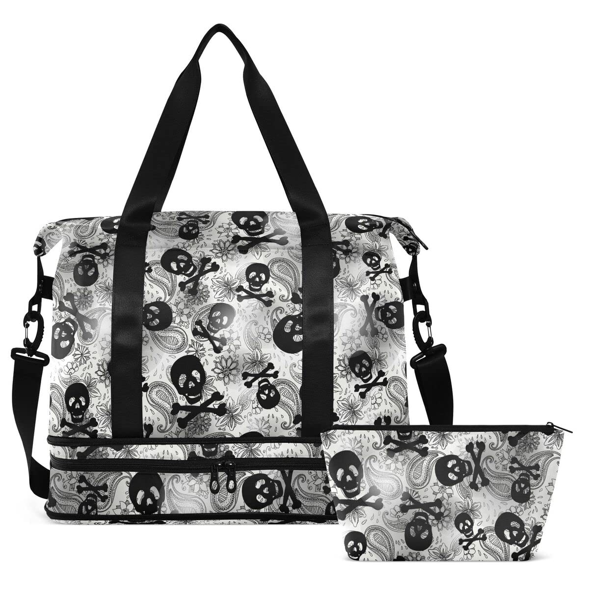 MNSRUU Travel Duffel Tote Bag Skulls Black Grey Paisley Sports Duffel Bag with Wet Pocket Weekender Overnight Bag for Women Men Gym Bag, Carry On Bag