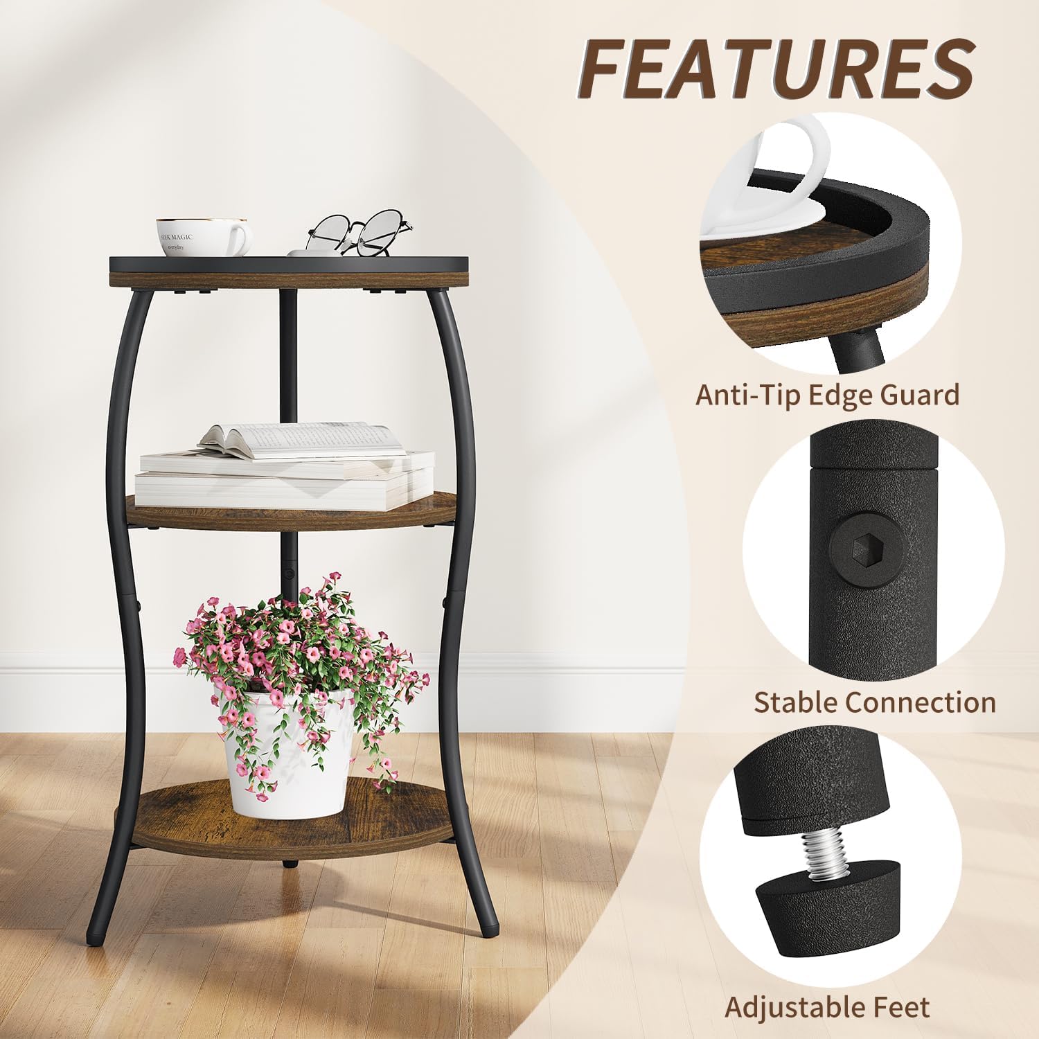 YINMIT Small Round Side Table, 3 Tier Slim Waist End Table with Anti-Tip Edge Guard, Compact Nightstand for Bedroom, Round Corner Accent Table for Small Spaces Living Room Sofa Couch