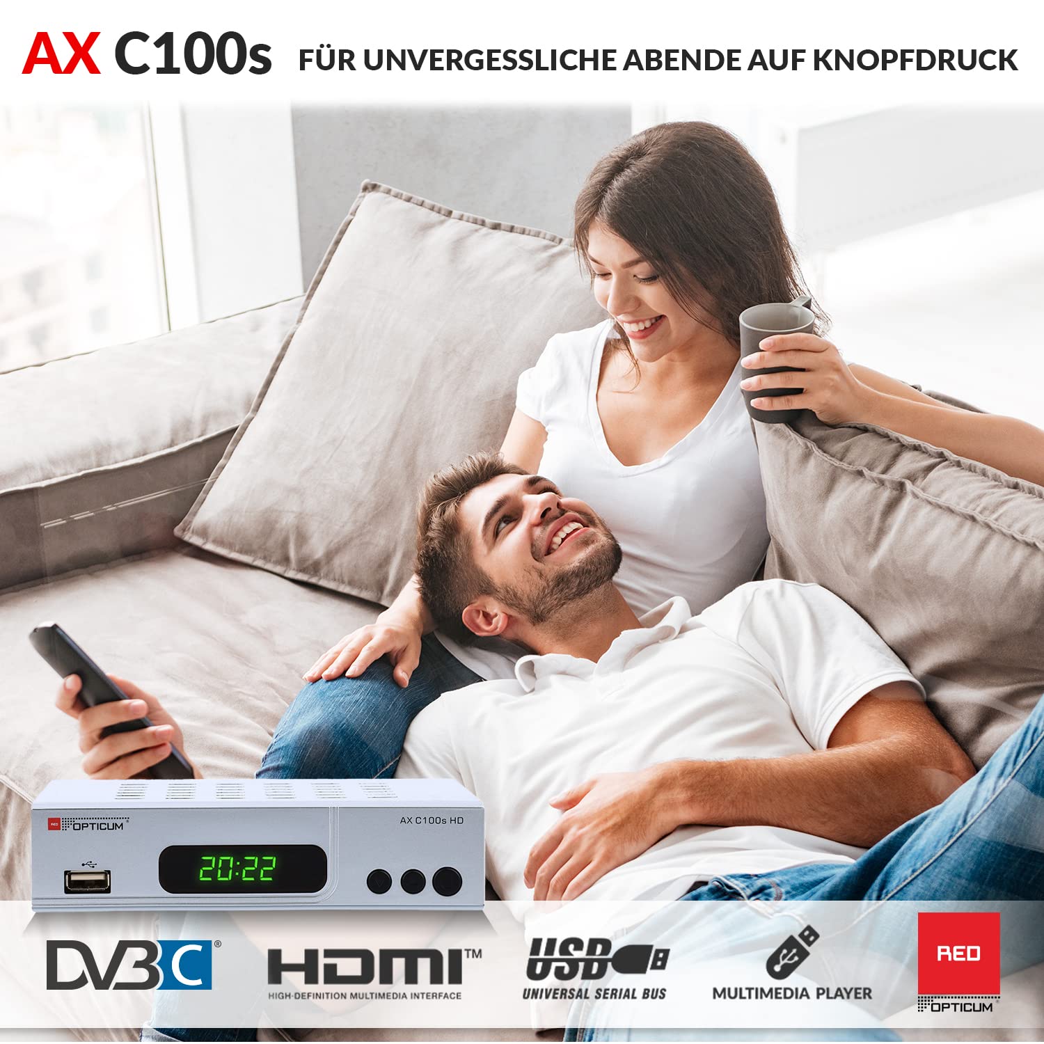 RED OPTICUM AX C100s Digitaler Kabel-Receiver HD - EPG - HDMI - USB - SCART - Coaxial Audio I Receiver für Kabelfernsehen I DVB-C Receiver silber