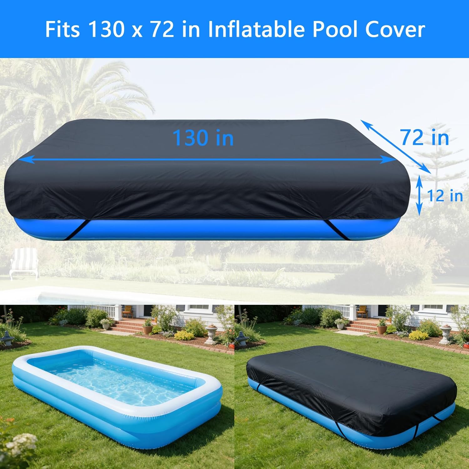 130 x 72 inch Inflatable Rectangle Pool Cover 10.83 x 6 ft Inflatable Rectangular Kid Pool Covers Garden Outdoor Above Ground Swimming Pool Shades Backyard Adult Pool Accessories