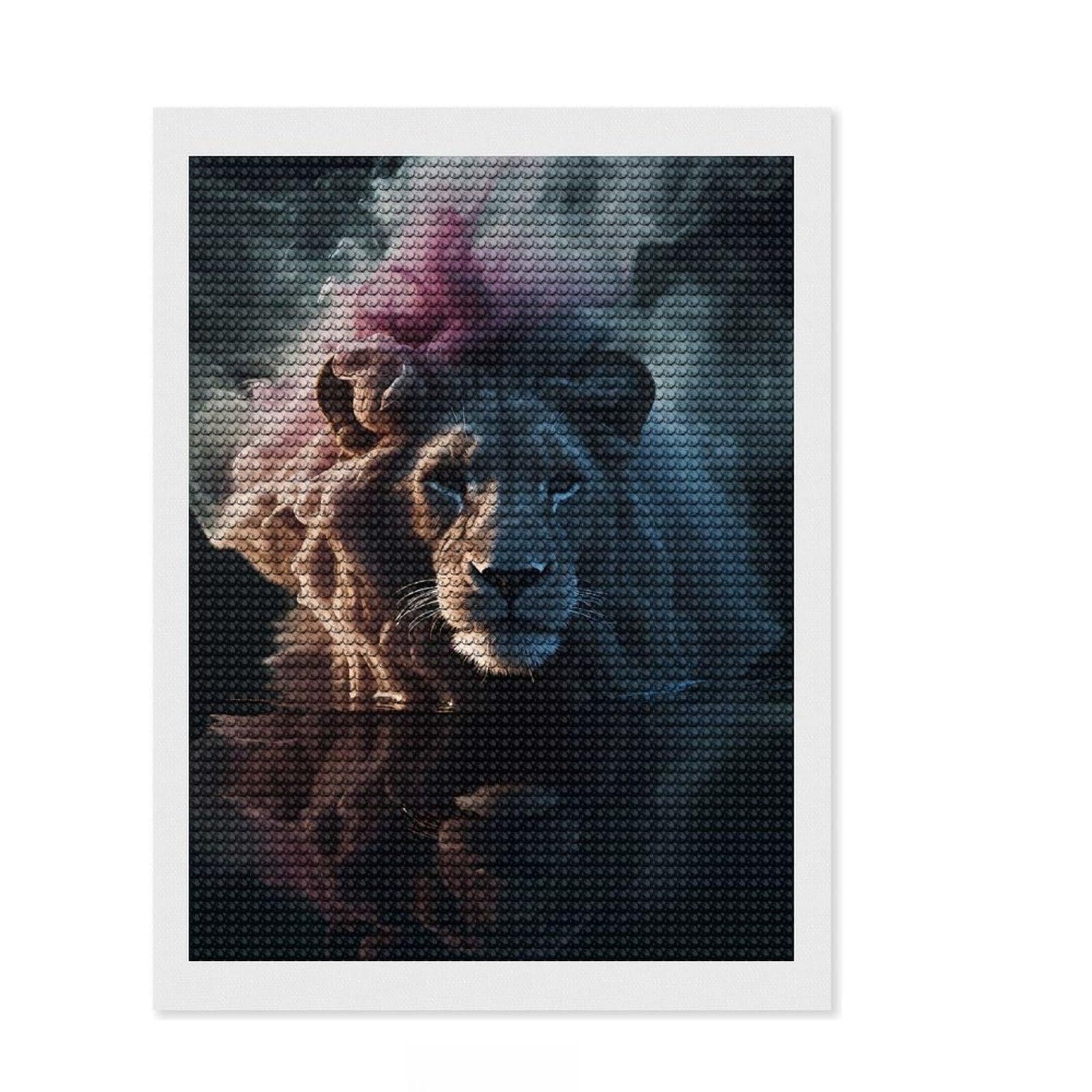 Junmoney Lion Water Neon Smoke Art Round Drill Diamond Painting 12"x16", Decorate Your Room, Sparkling Round Gems, Adhesive Canvas, Bedroom Decor