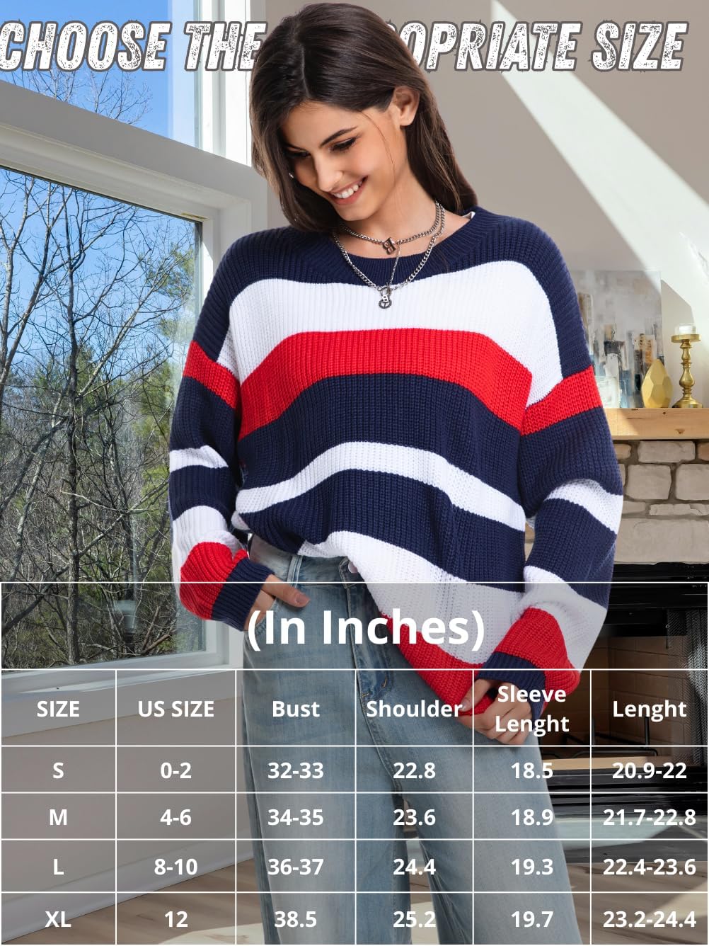 Women Color Block Striped Oversized Sweaters, Crewneck Long Sleeve Knit Pullover Sweater, Cute Christmas Fall Outfits - Image 5