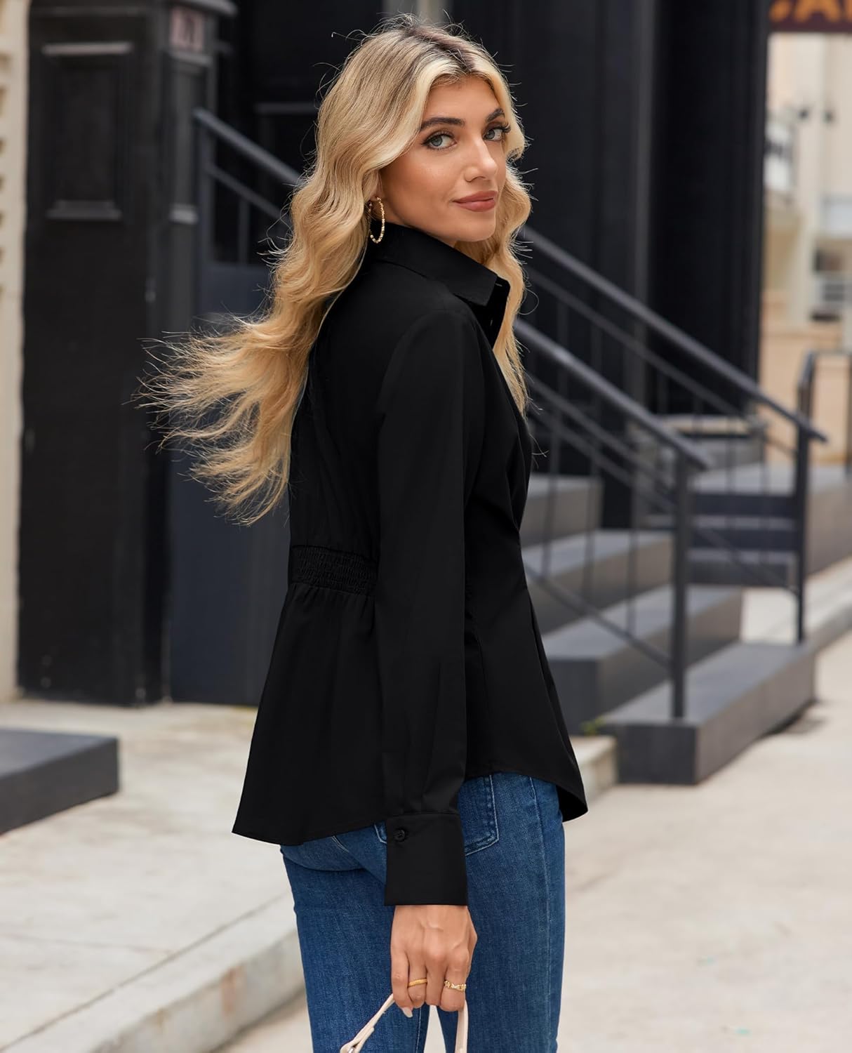 siliteelon Button Down Shirts for Women Cinched Waist Dress Shirt Cotton Long Sleeve Business Casual Work Office Blouse - Image 3