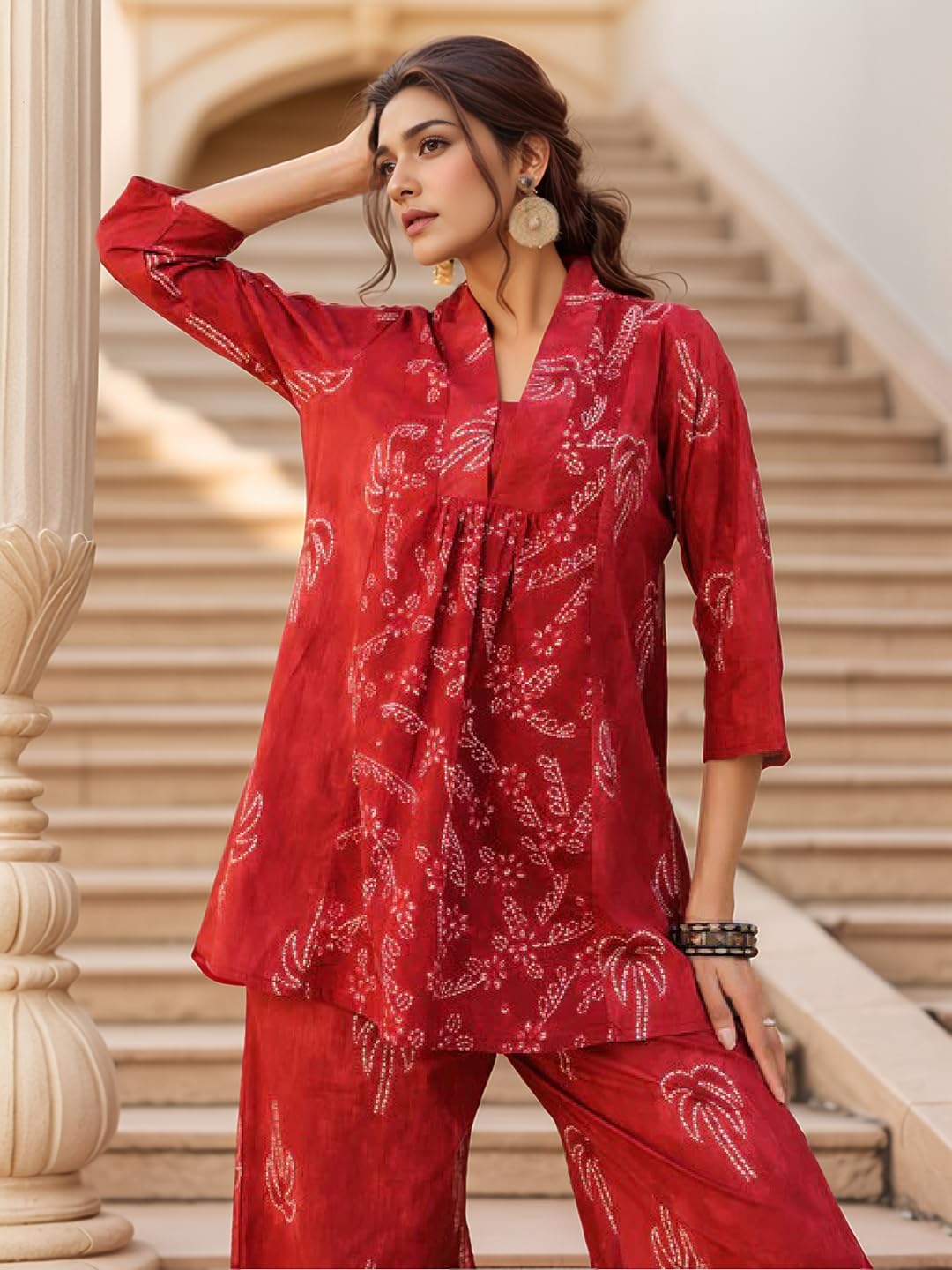 NAINVISH Women's Rayon Blend Classic Above The Knee Co-ord Set (SD871_KB-S_Red 1
