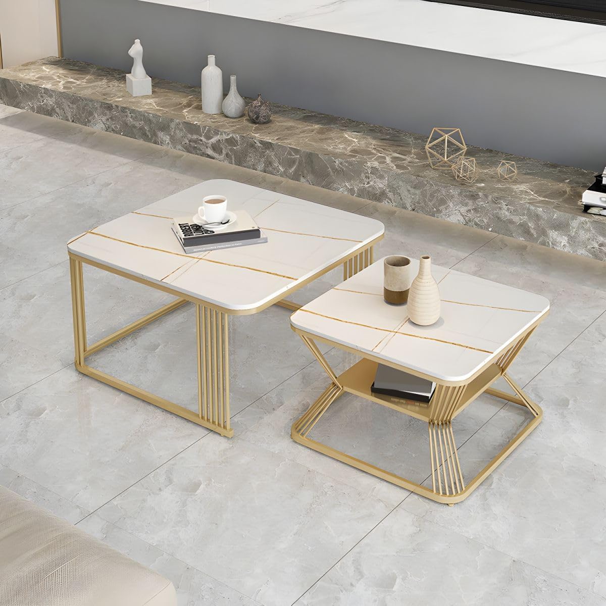 EXPRESSOW ENTERPRISES Elegant Metal Frame Square Coffee Tables Set of 2 - Stacking Center Tables with Marble Finish - Stylish Decor for Living Room Bedroom or Apartments (Gold&White) (B0D8YLLGJZ) Amazon Price History, Amazon Price Tracker