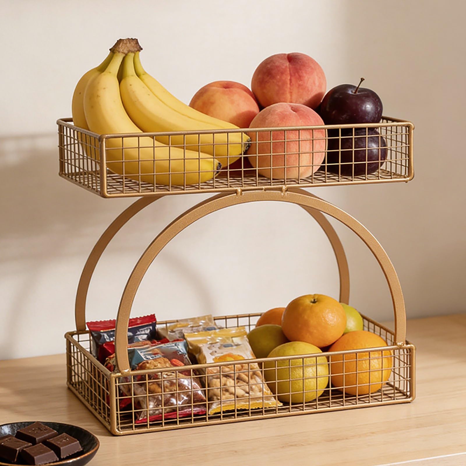YYLMKMFC-AE 2 Tier Fruit Basket For Kitchen Counter Stainless Steel Bowl Holder No Assembly Required Wire Vegetable Storage Organizer Mesh(Gold)