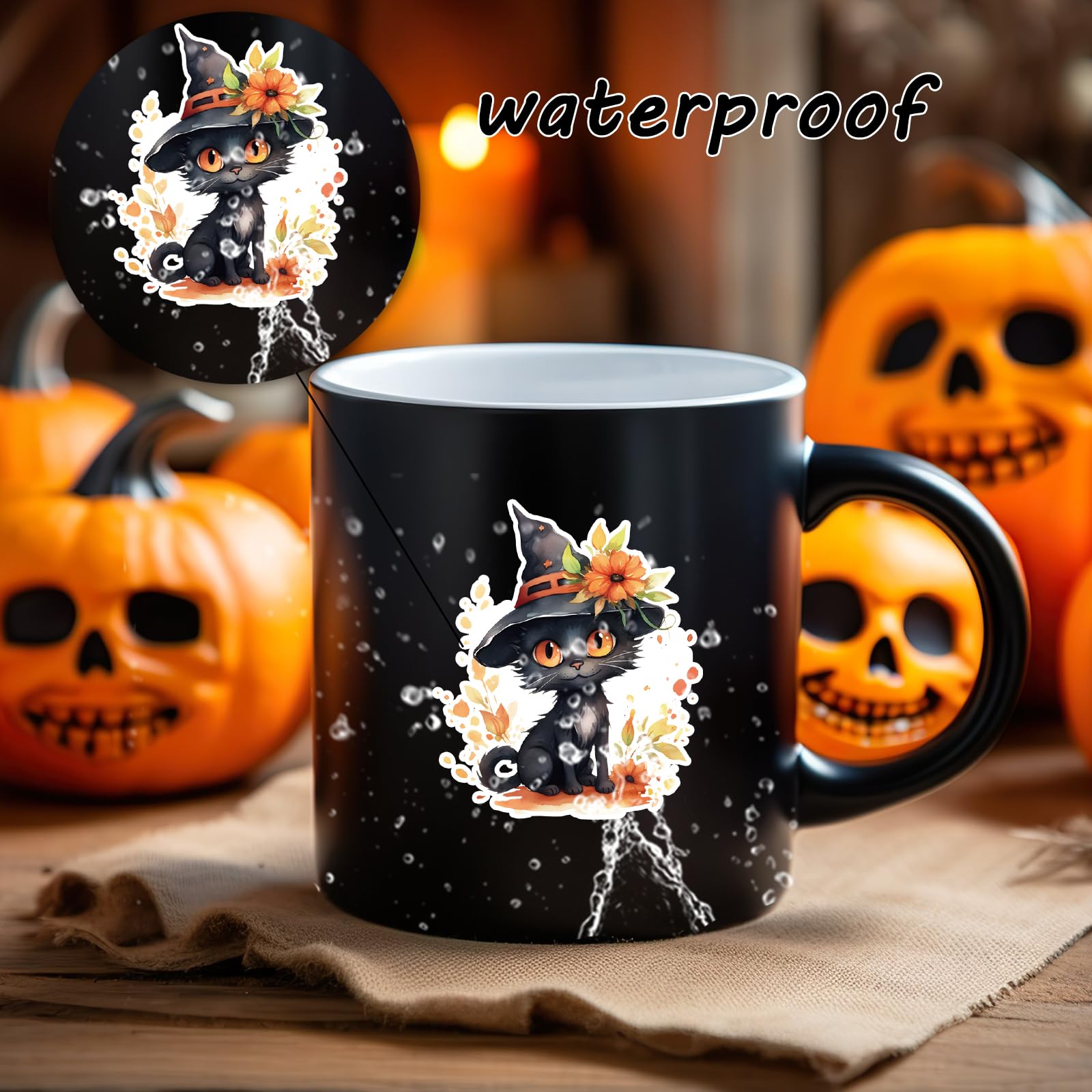 Naklejki z motywem czarnego kota i czarownicy dla dzieci, naklejki z motywem strasznej dyni do scrapbookingu, dziennika śmieci, kolaży, upominków na imprezę halloweenową, wodoodporne naklejki winylowe