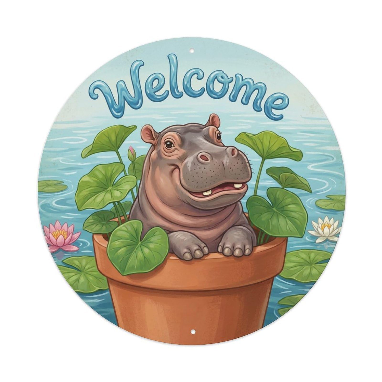 Welcome Hippopotamus Lily Pad Metal Tin Sign