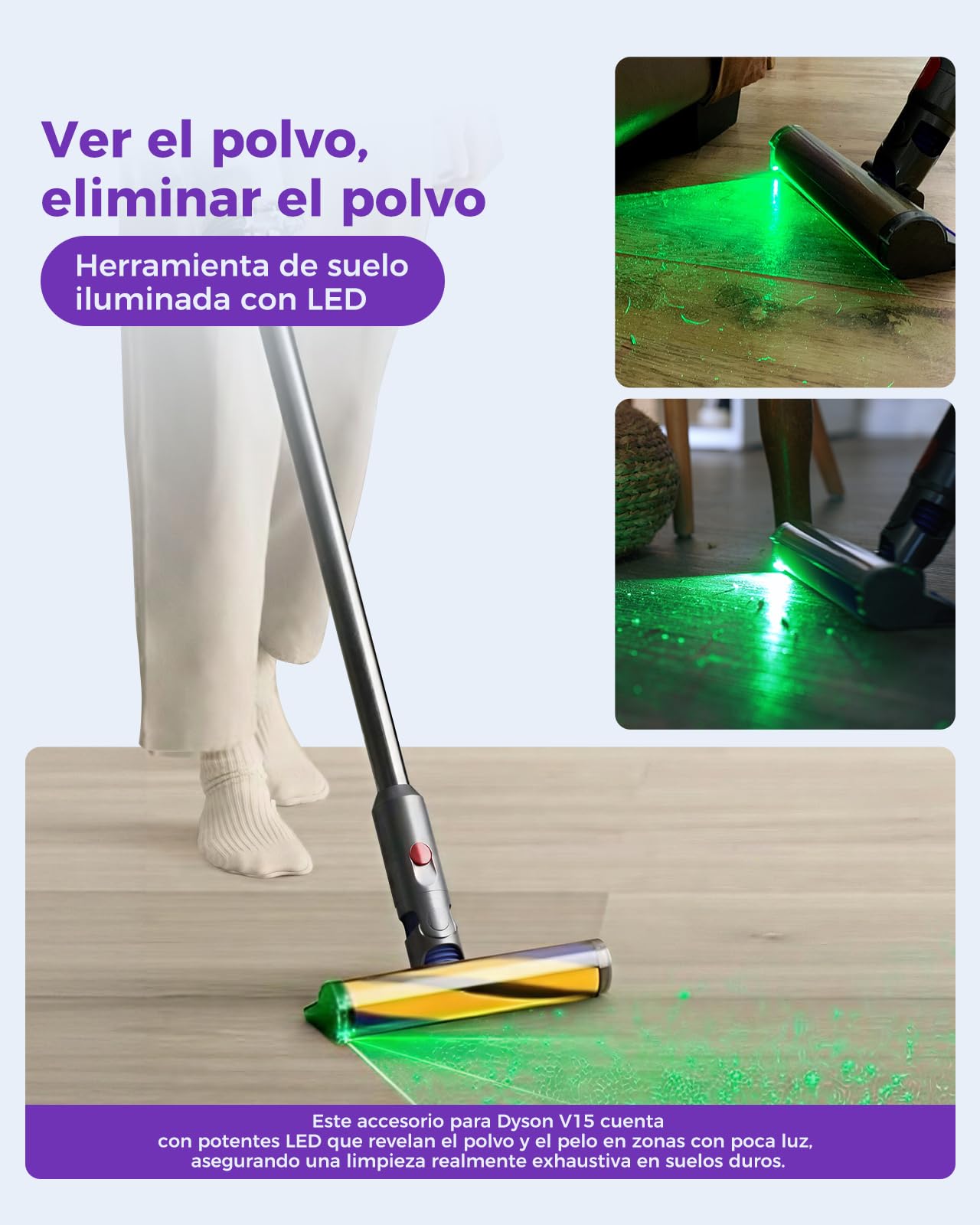 Cabezal de Limpieza V15 Fluffy Optic para Dyson V15, V11, V10, V8, V7 – Detección de Polvo con luz Verde, Accesorio de Rodillo Suave para Suelos de Madera | Luz verde revela el polvo, articulación de 90°, cepillo suave protege suelos, solo 390 g, cepillo