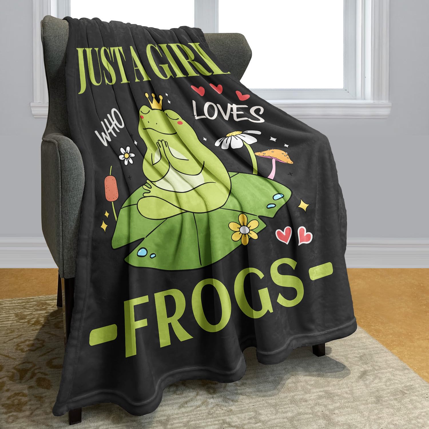 YISUMEI Frog Fleece Throw Blanket, Just A Girl Who Loves Frogs Design, Gift for Girls Women Kids 125 x 150 cm, Black - Image 2