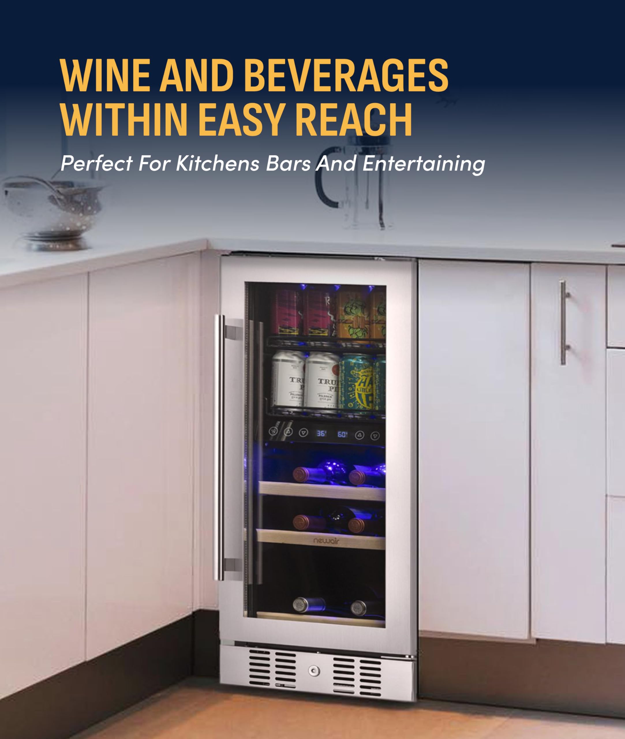NewAir 15" Dual Zone Beverage Refrigerator & Wine Cooler for 9 Bottles & 48 Cans | Freestanding or Built-In Under Counter Mini Fridge for Beer, Wine and Soda | Stainless Steel on Fridge.com