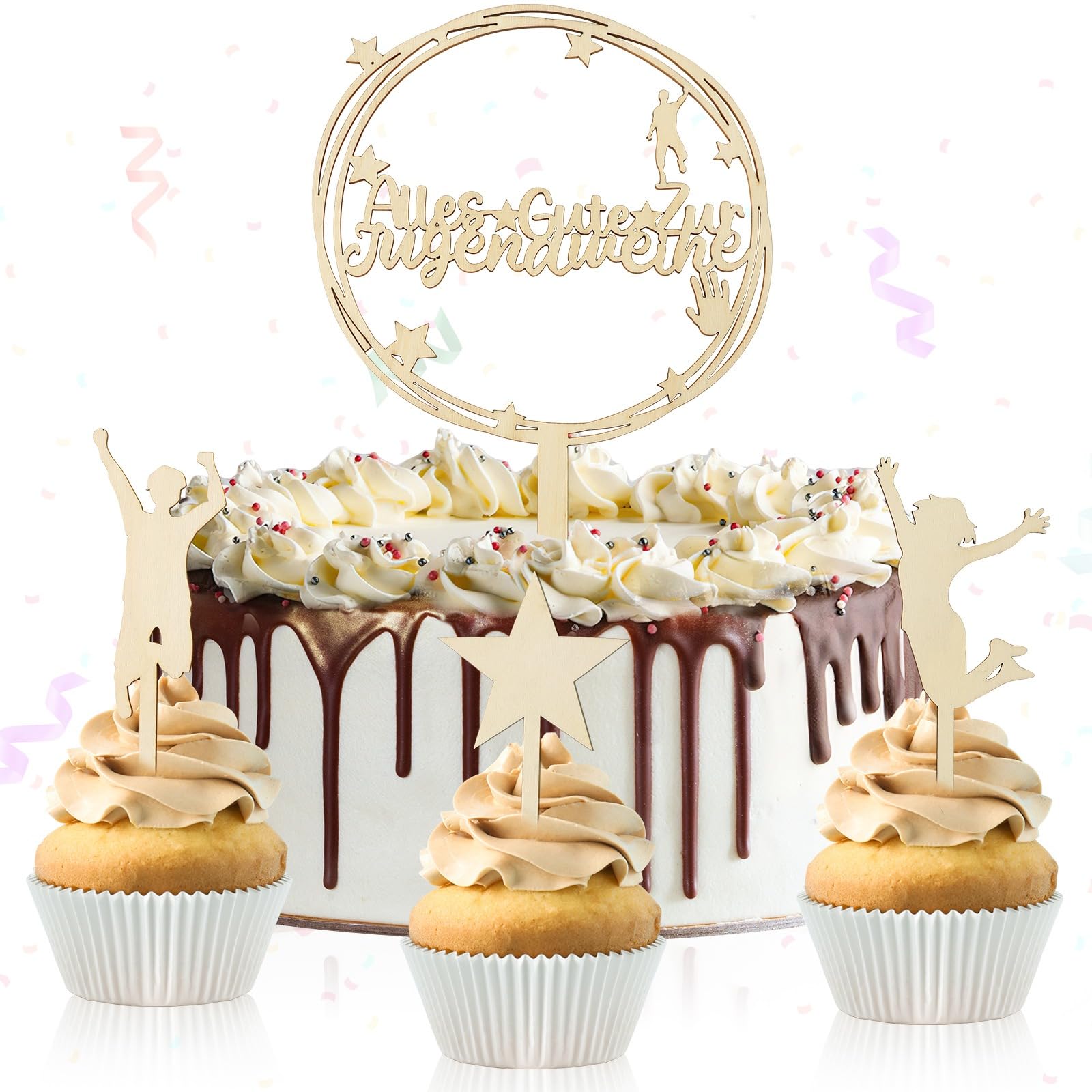 JUNEBRUSHS Jugendweihe Tortendeko Holz, 4 Stück Jugendweihe Tortenaufsteller und Stern Cake Topper Kuchen Deko Jugendweihe für Mädchen und Jungen Erwachsenenzeremonie Partydekoration