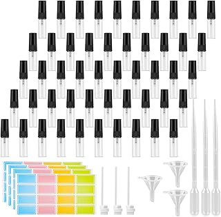 RVLZKCPG 50 Piezas Atomizador Perfume, Mini Atomizador Perfume Recargablede Cristal de 3 ml, Atomizador con 3 Pipetas, 3 Embudos, 3 Prensadores y 1 Hoja de Etiquetas para Viajar y Acampar (Negro)