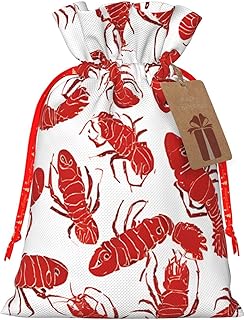 (Red Lobster) Printed Christmas Candy Bags with Red Ribbon Drawstring Reusable Xmas Holiday Party Birthday Wrap Bags Small Size
