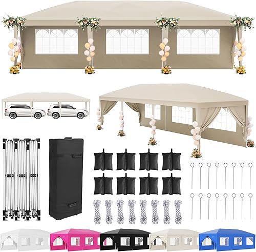 Miniatura 8 de Toldo desplegable blanco de 10 x 20 pies para fiestas al aire libre con 6 paredes laterales, tienda de campaña para fiesta de boda al aire libre