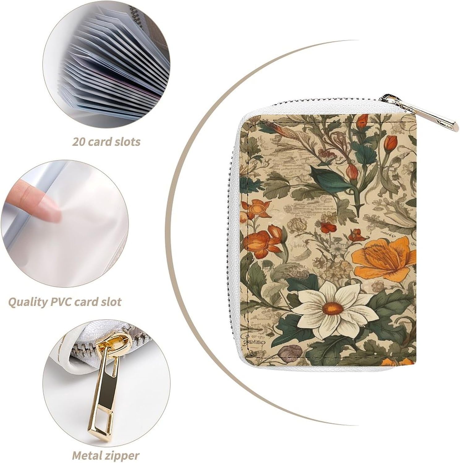 Leather Card Organizer Case Card Wallet Credit Card Holder Retro Pattern Printed Zipper Card Cases Holder for Women Men