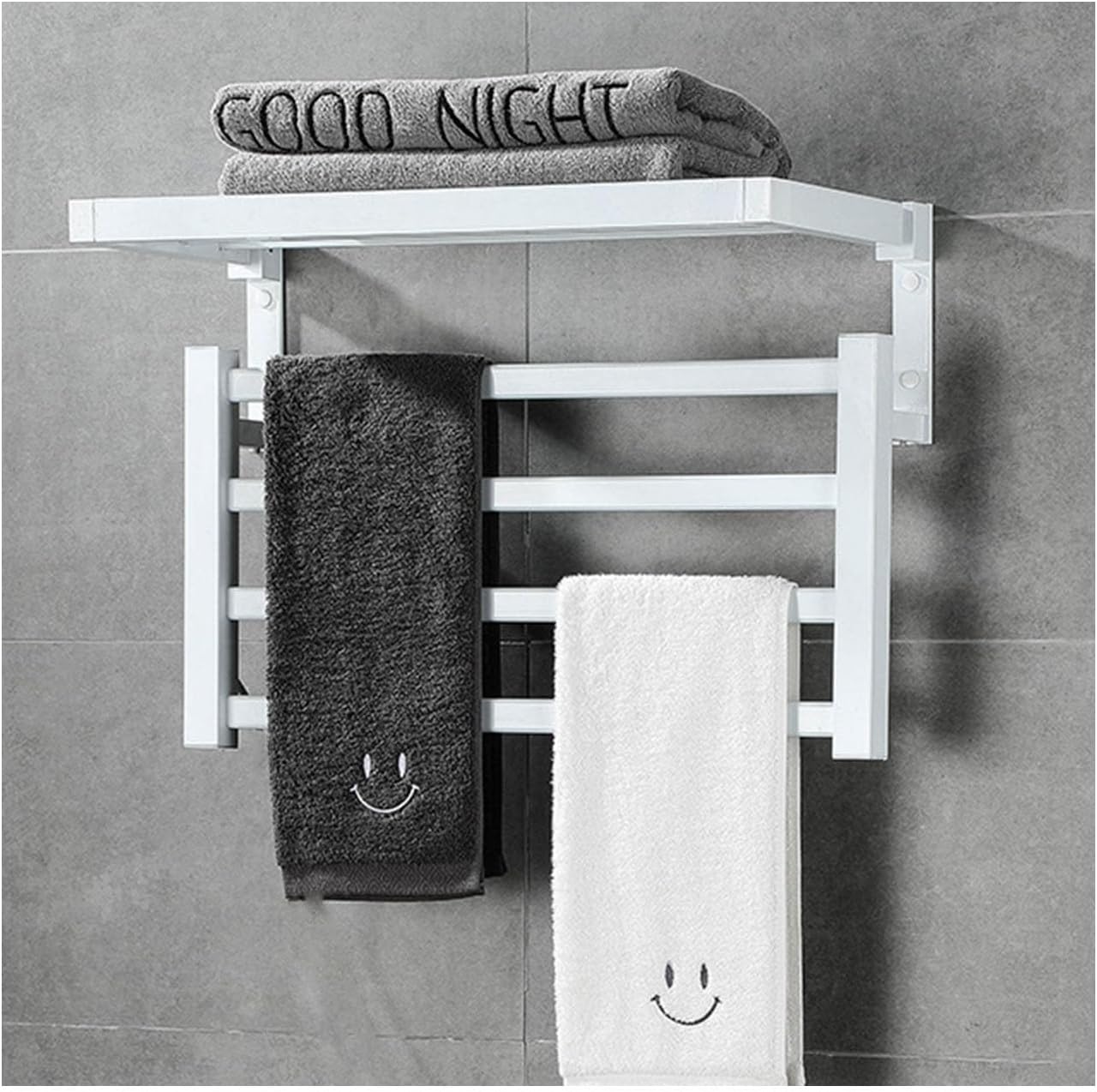 A White,Right line,s for Bathroom with Timer Temperature Adjustments,Heated Drying Rack with Top Shelf,Aluminum Heated Towel Rack Wall Mounted