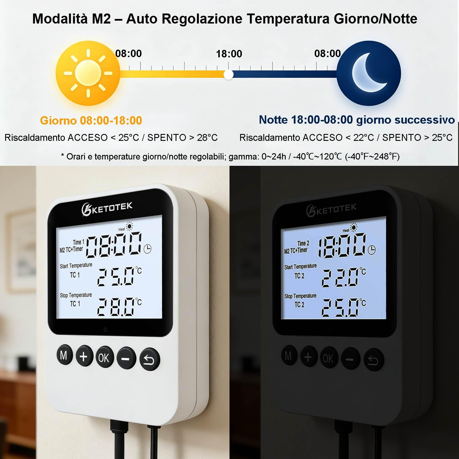 KETOTEK Presa Termostato Giorno/Notte con Timer 220V, Riscaldamento/Raffreddamento Regolatore di Temperatura Digitale, Sonda 3M, Design Separato, 3 Modalità per Rettili Terrario Serra Incubatrice
