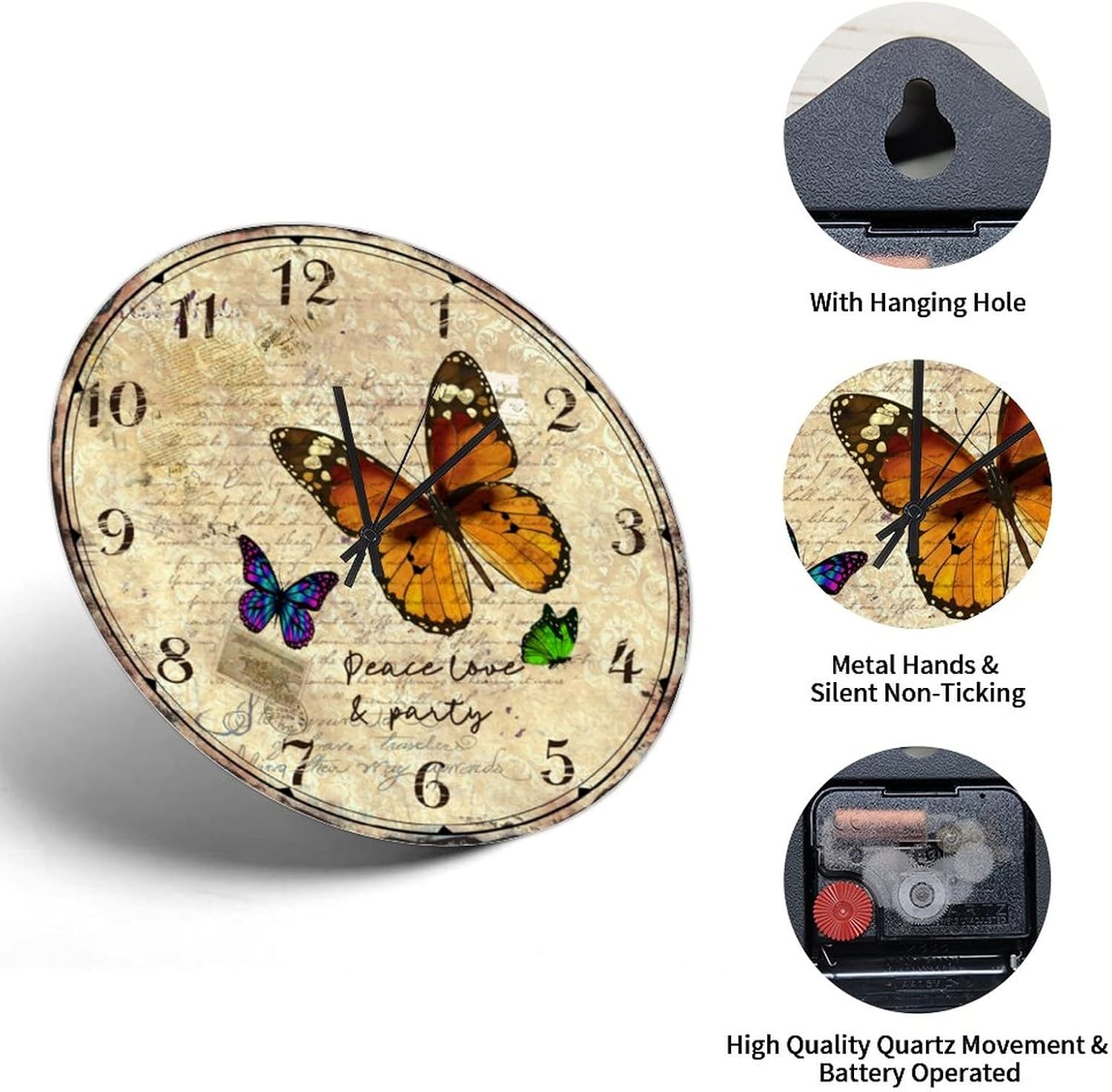 Retro Colorful Butterfly Hanging Clock Peace Love & Party Wooden Wall Clock 10in Non-Ticking Sweep Battery Operated Country Style Popular Wall Decor for Farmhouse Half Bath Condo Bar image 3