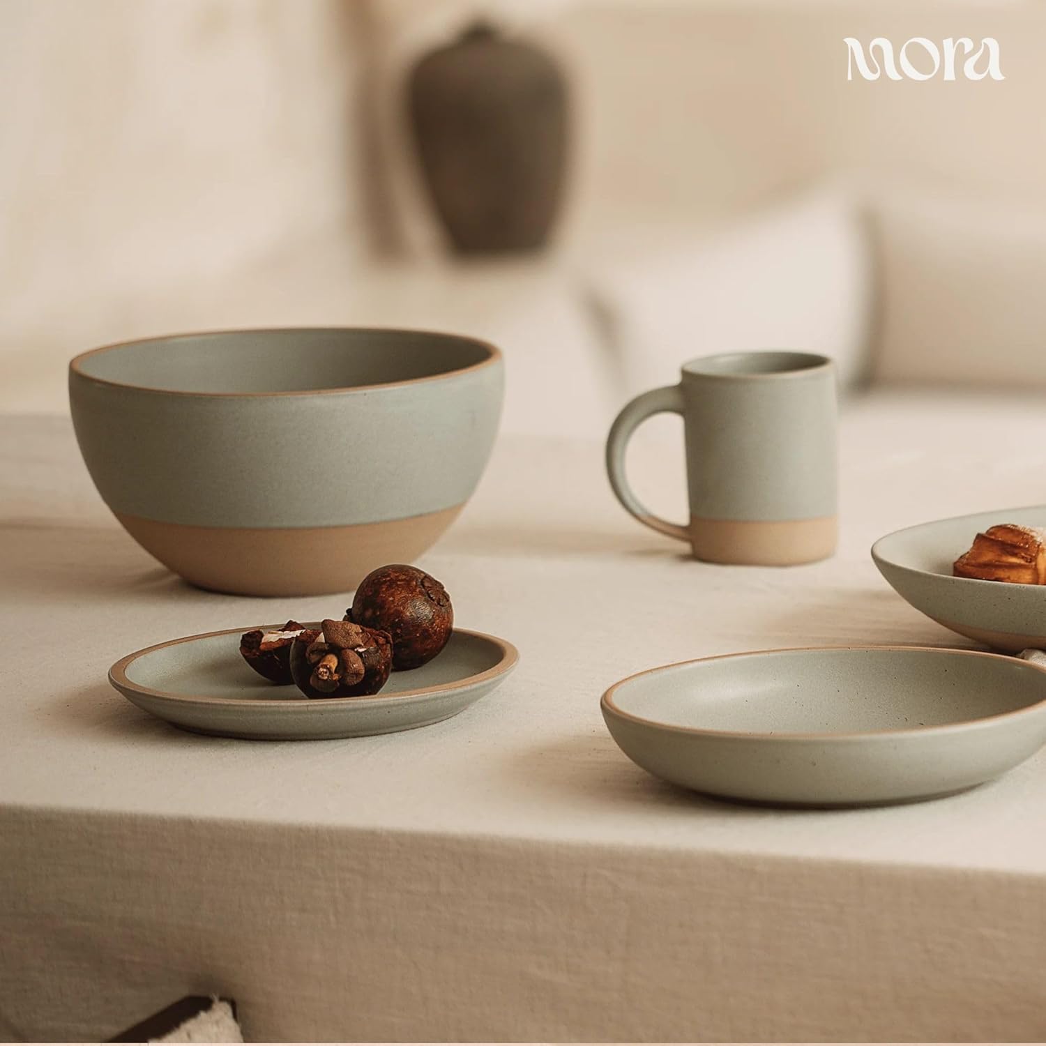 MORA Medium Plates Set of 4, 8.5 inch Ceramic Pottery Salad Plates - Microwave, Oven and Dishwasher Safe - Thyme
