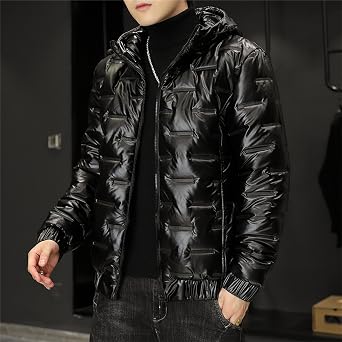 Men's Winter Glossy Padded Hood Coat Metallic Full Zip Down Quilted Jacket Thicken Warmth Puffer Jackets