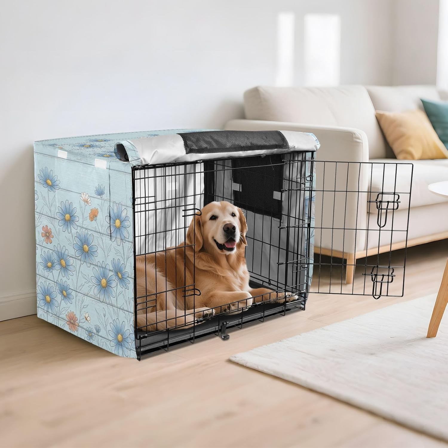 Duty 600D Silver Coated Dog Crate Cover, Water-Resistant Daisy Print Pet Kennel Canopy with Mesh Windows for Optimal Ventilation, Universal Fit for Standard Wire Cage, Indoor & Travel