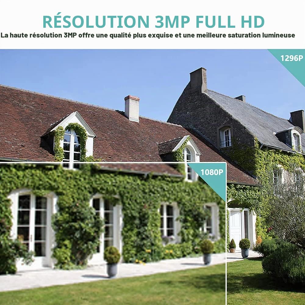 3MP Kit Camera Surveillance WiFi Exterieure Enregistrement Audio, REIGY Système Videosurveillance IP, 16CH NVR + 4X 1296P Camera Intérieux/Extérieur, Vision Nocturne IP66 Imperméable sans HDD