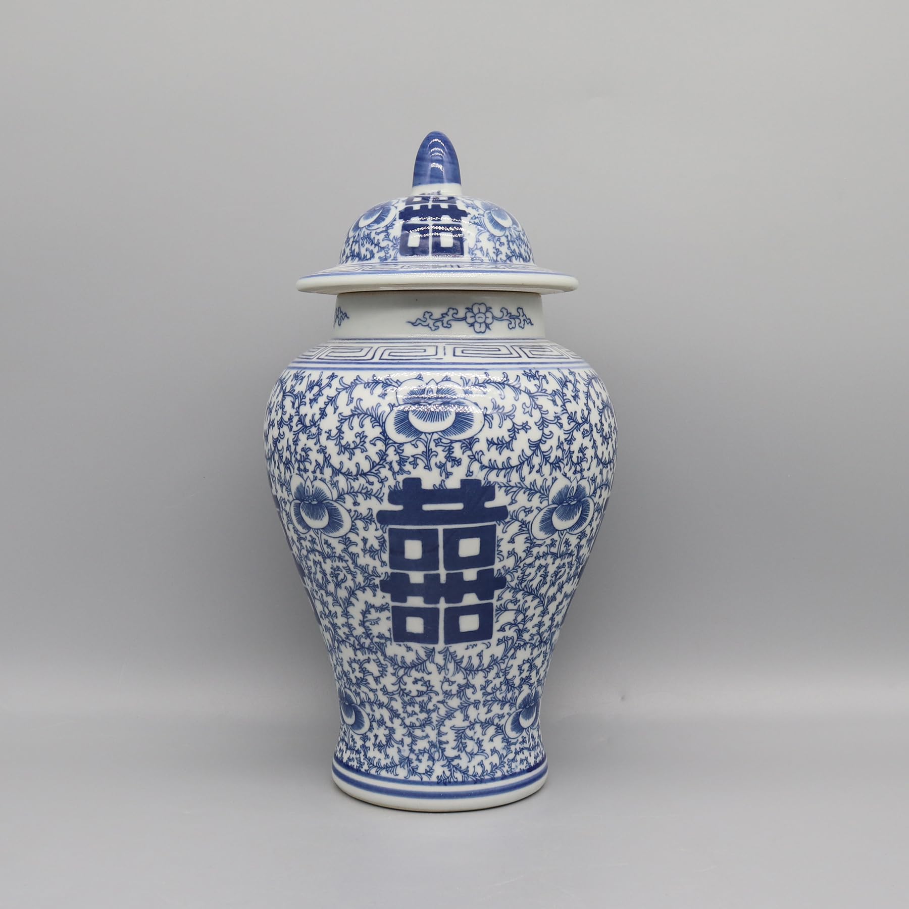 Eastern Tide Blue And White Chinese Porcelain Temple Jar, Double Happiness Design, Traditional Floral Pattern