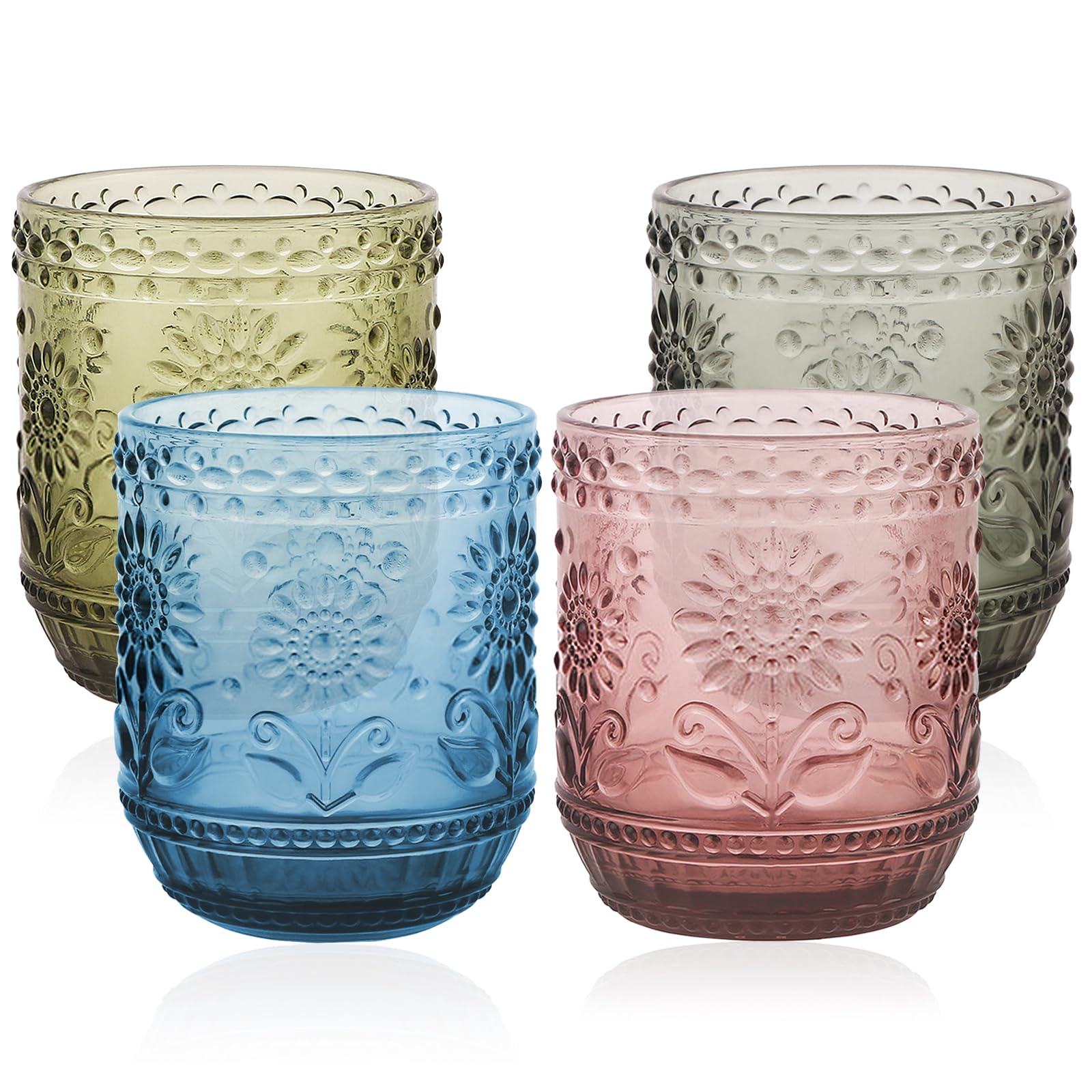 Ulable Set of 4-360ml/12oz Vintage Tumbler Glasses - Decorative Floral Embossed Water Glasses - Heavy Duty Glassware Beverages Tumblers for Whisky, Beer, Juice, Wine, Green & Blue & Pink & Grey