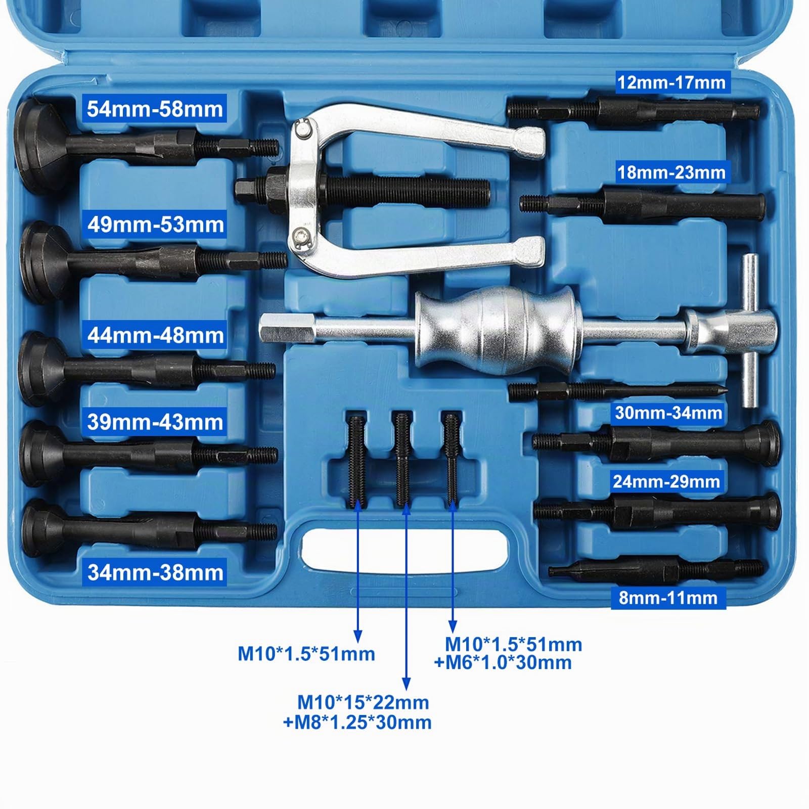 FreeTec 16tlg Innenlager Abzieher Set, 8-58mm Innenabzieher Lager, Grundloch Lagerabzieher Innenlager Auszieher Werkzeug, Kugellager Abzieher Innen mit Gleithammer Satz für Auto LKW Motorrad (Blau)