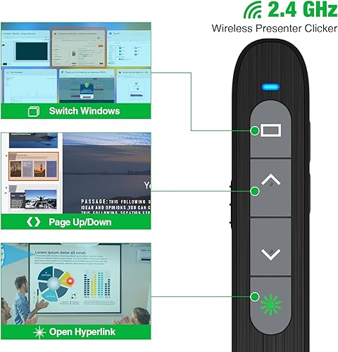 Vista 40 de Presentation Clicker puntero láser verde, recargable PowerPoint Clicker Wireless Presenter Remote, RF 2.4GHz USB Presentation Pointer Slide Advancer