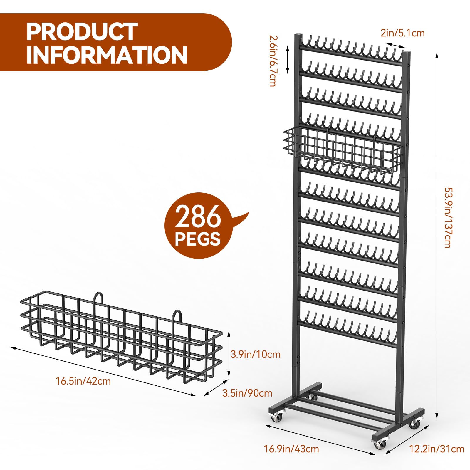 CADUKE Braiding Rack con 286 Pegs, Braiding Hair Rack de Pie Doble Cara con Ruedas y Cesta de Almacenamiento, Soporte para Extensiones de Cabello para Hairstylists y Braiders, para Salón o Hogar