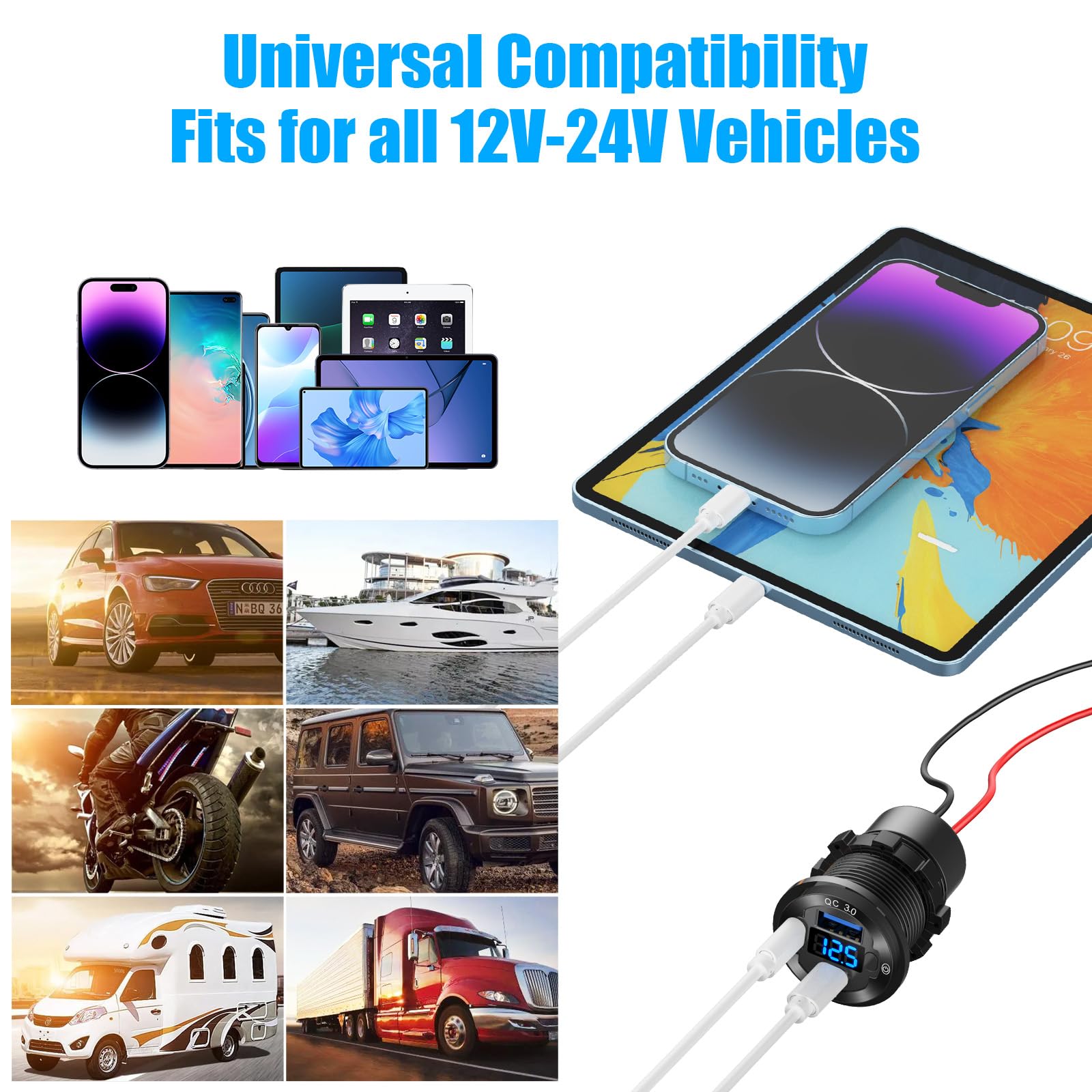Paquete de 2 salidas USB de 12 V, 3 puertos, cargador de coche de 78 W, doble Pd, USB C, 30 W, carga rápida 3.0, cargador impermeable de aluminio con voltímetro e entrada